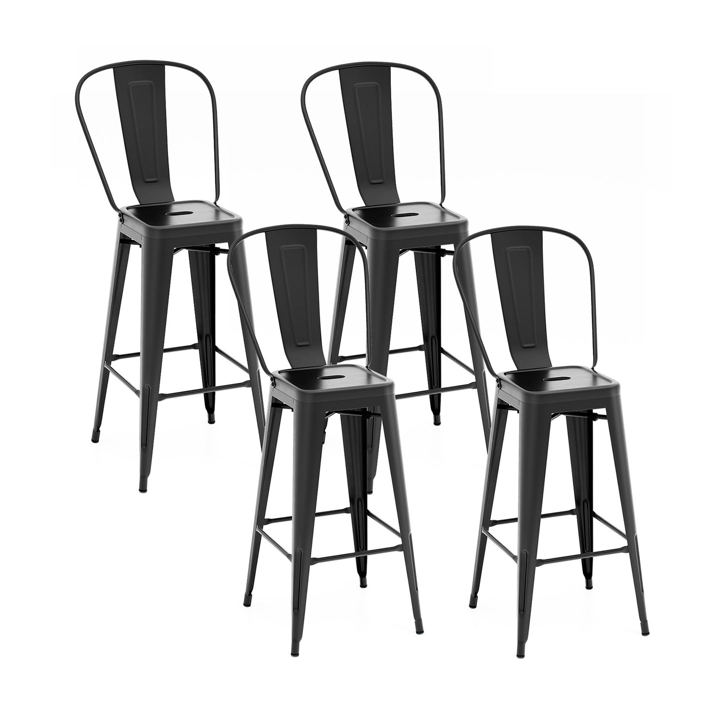 Set of 4 Stackable Metal Bar Stools with Removable Backrest Bar Height Chairs - Black