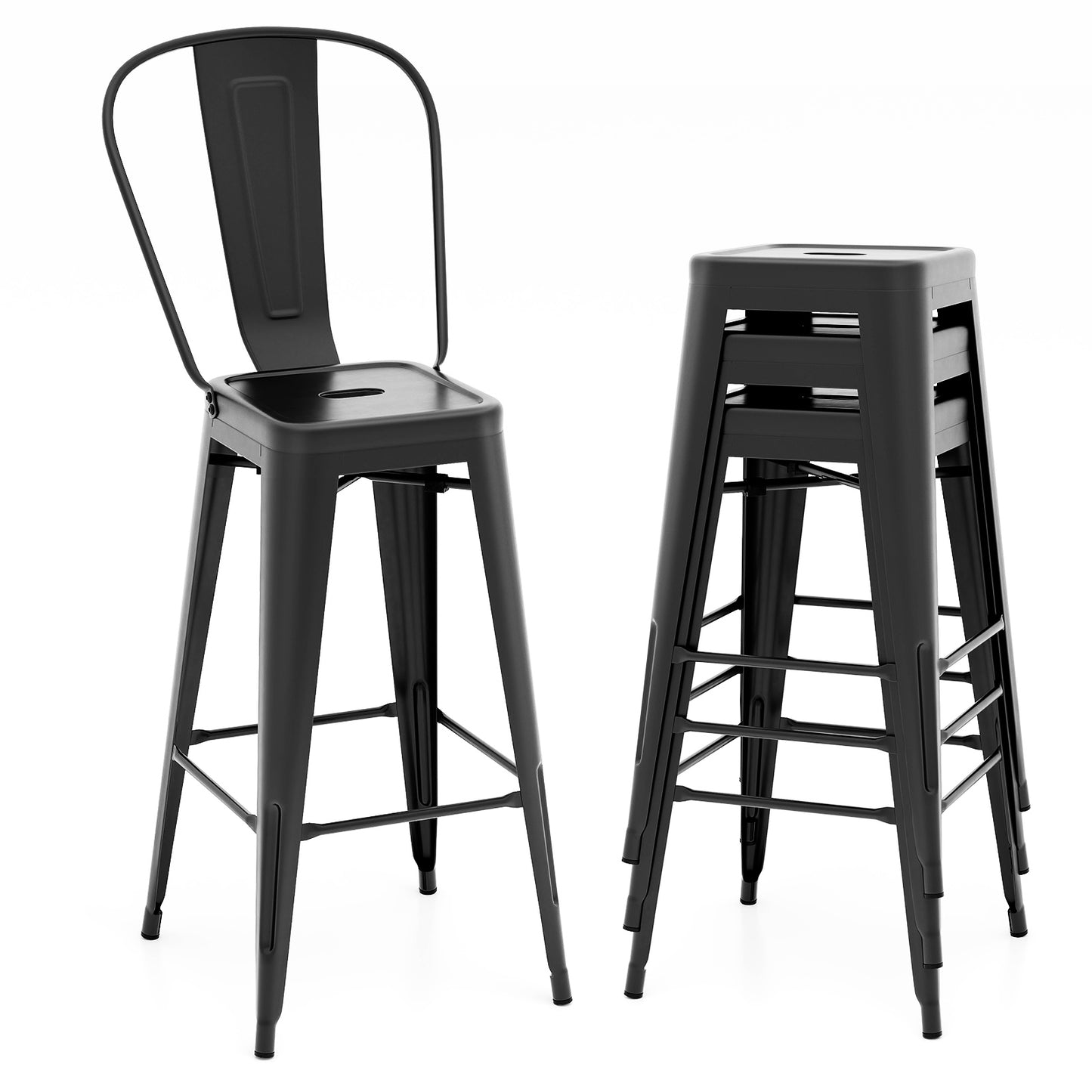Set of 4 Stackable Metal Bar Stools with Removable Backrest Bar Height Chairs - Black