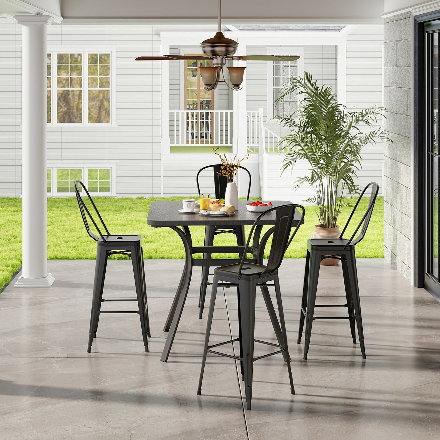 Set of 4 Stackable Metal Bar Stools with Removable Backrest Bar Height Chairs - Black