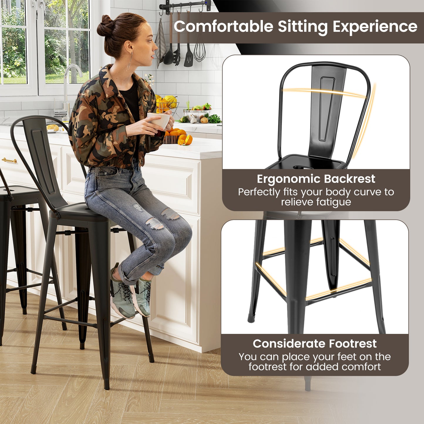 Set of 4 Stackable Metal Bar Stools with Removable Backrest Bar Height Chairs - Black