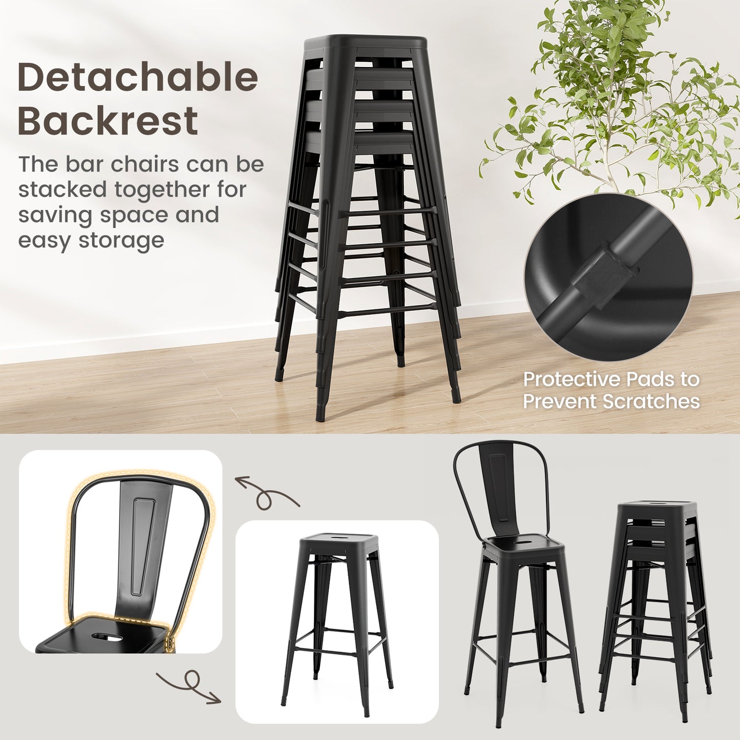 Set of 4 Stackable Metal Bar Stools with Removable Backrest Bar Height Chairs - Black