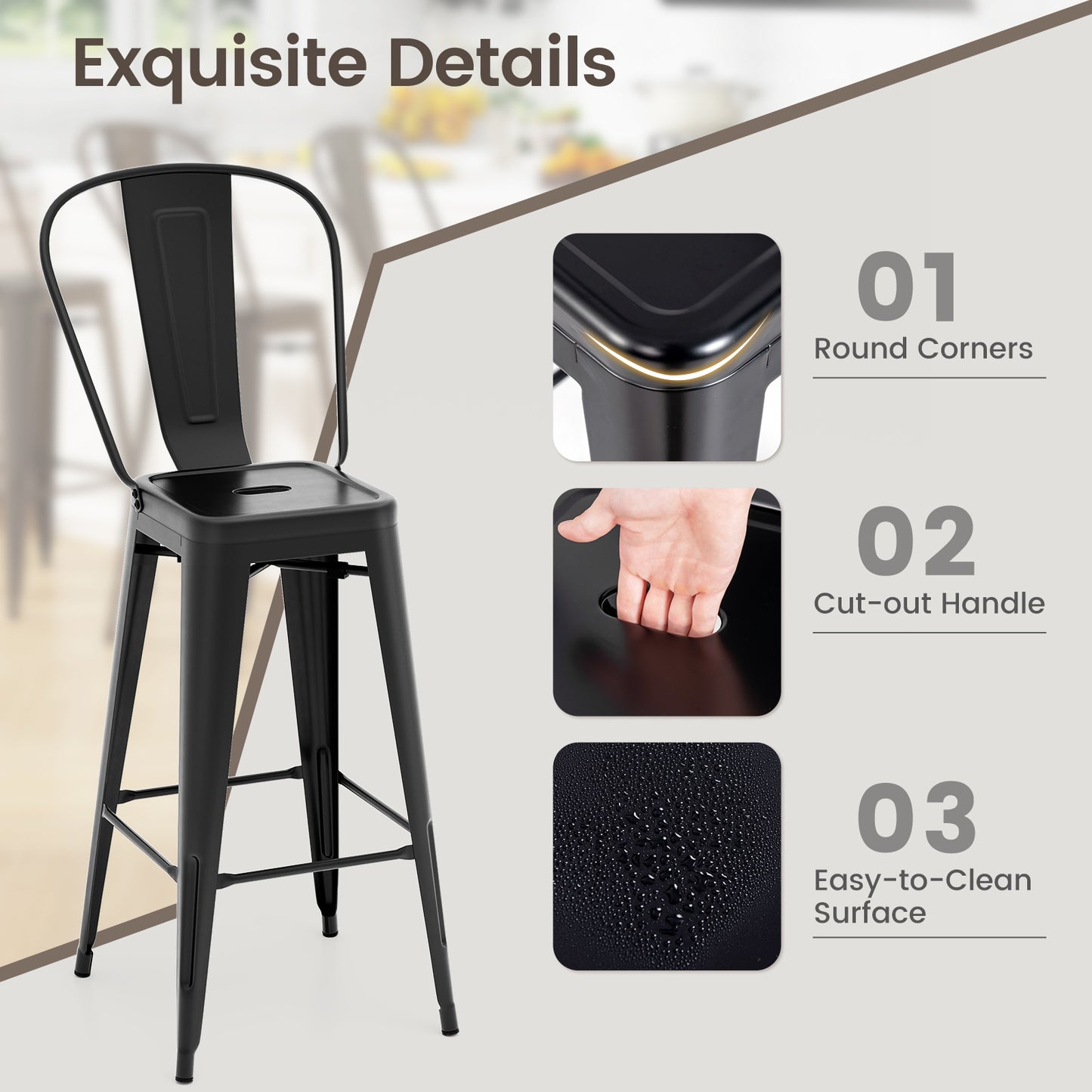 Set of 4 Stackable Metal Bar Stools with Removable Backrest Bar Height Chairs - Black