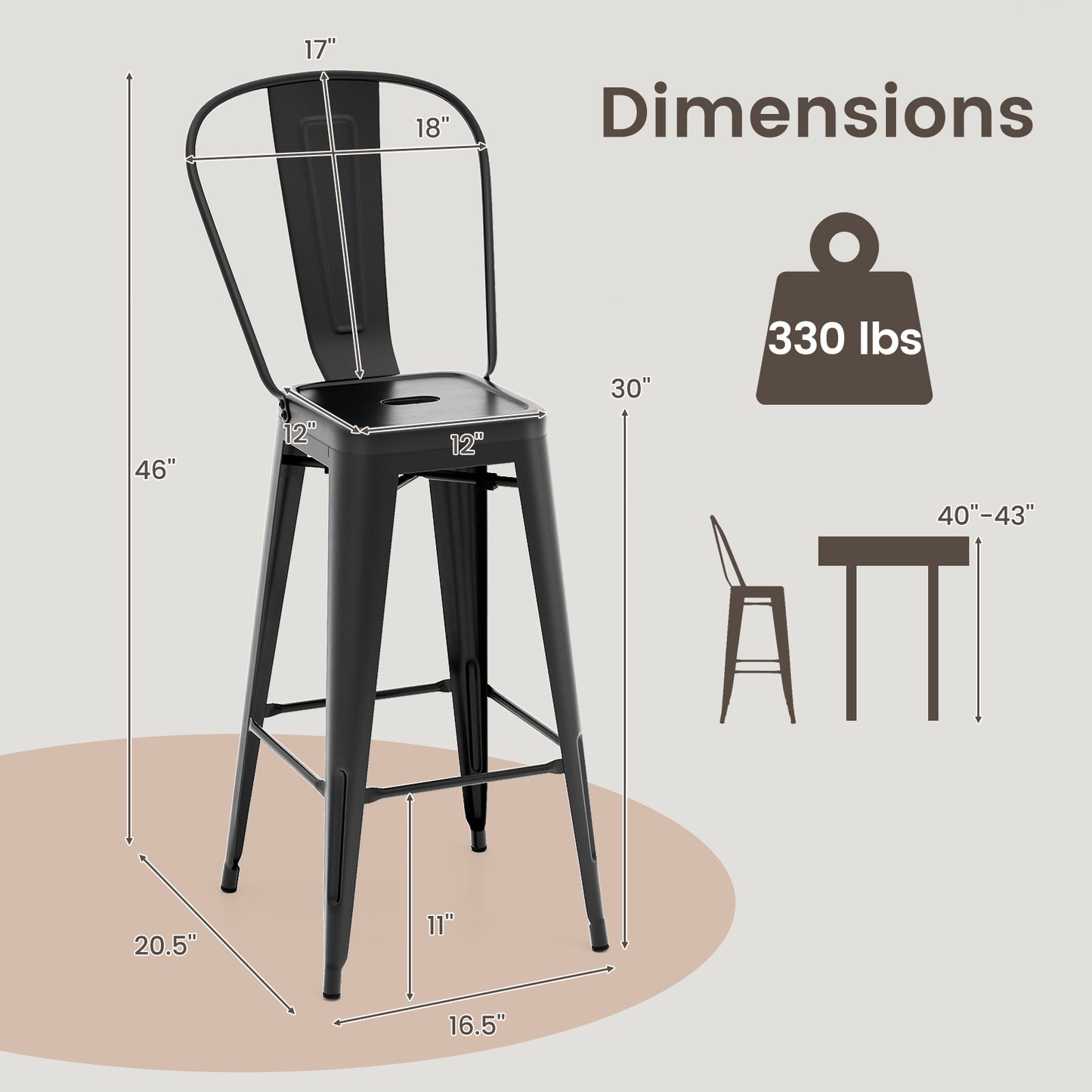 Set of 4 Stackable Metal Bar Stools with Removable Backrest Bar Height Chairs - Black