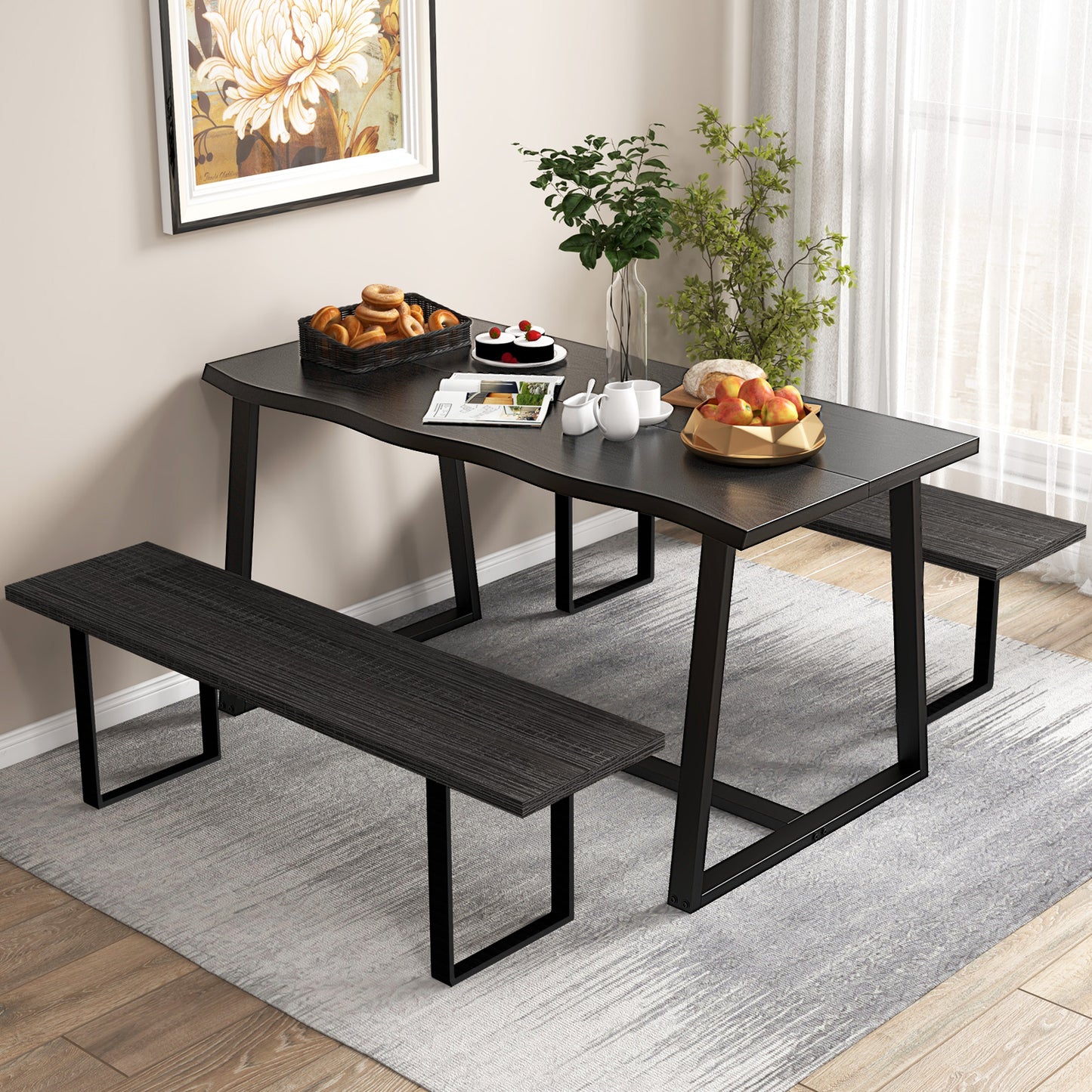 63 Inch Large Farmhouse Dining Table with Wavy Edge and Durable Metal Frame in Black Finish