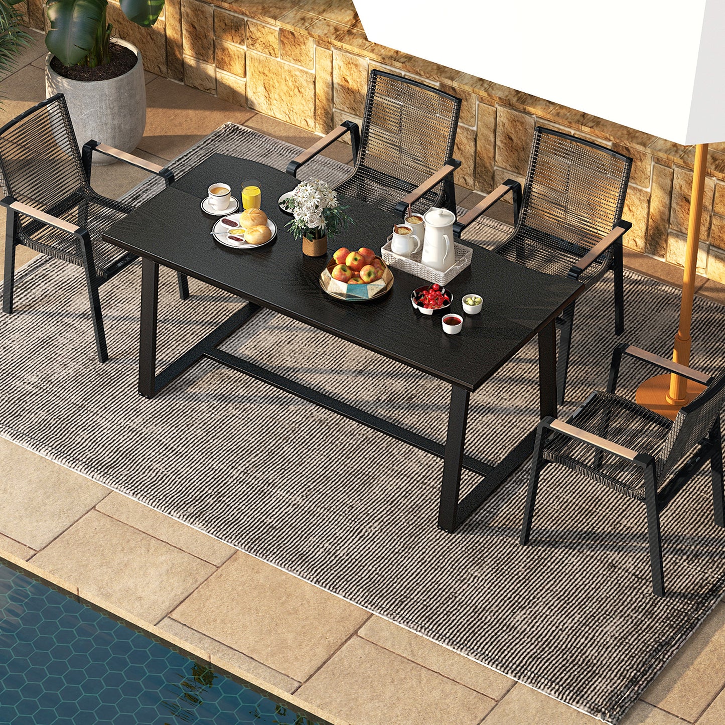 63 Inch Large Farmhouse Dining Table with Wavy Edge and Durable Metal Frame in Black Finish