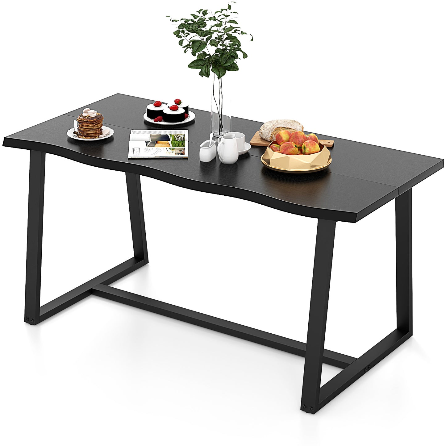 63 Inch Large Farmhouse Dining Table with Wavy Edge and Durable Metal Frame in Black Finish