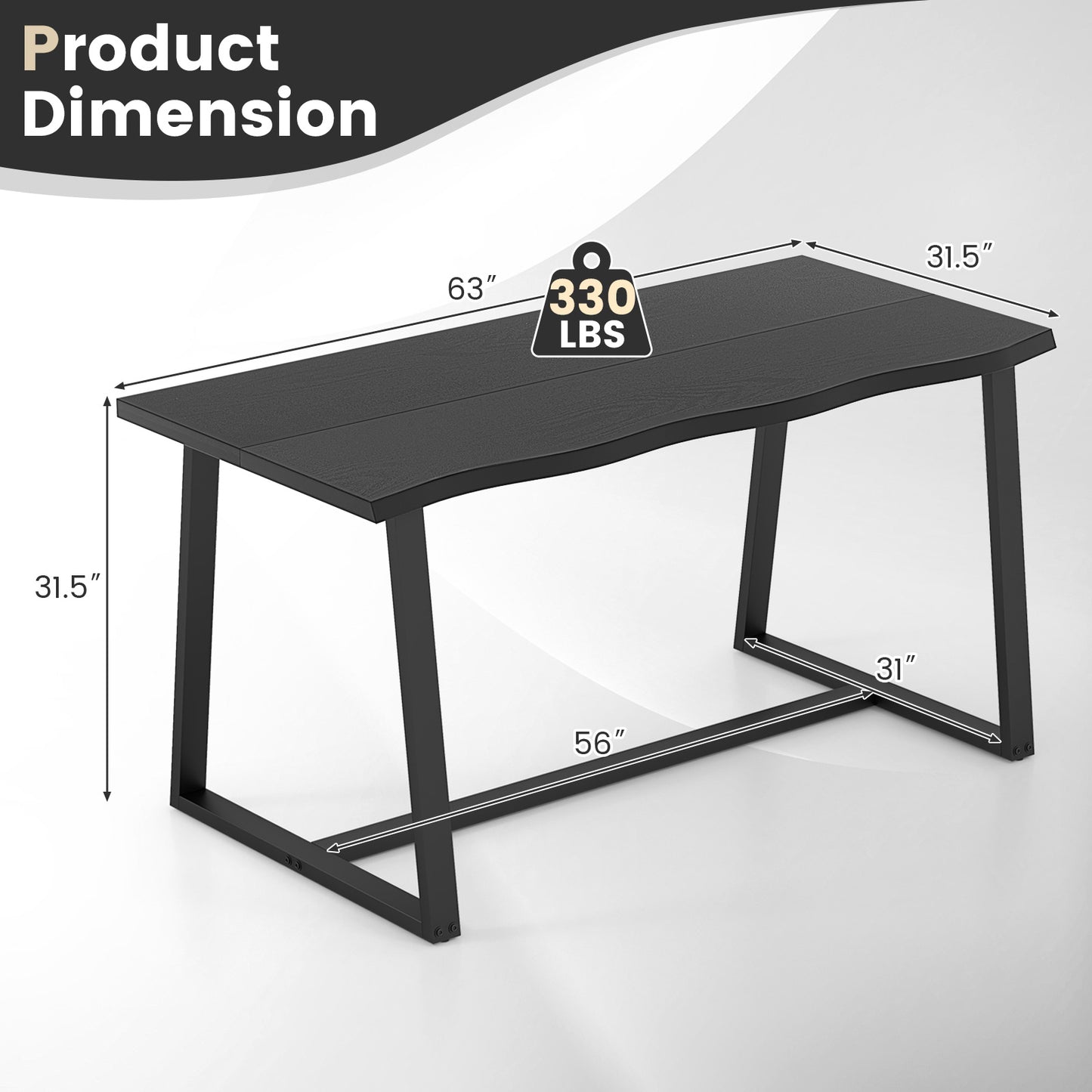 63 Inch Large Farmhouse Dining Table with Wavy Edge and Durable Metal Frame in Black Finish