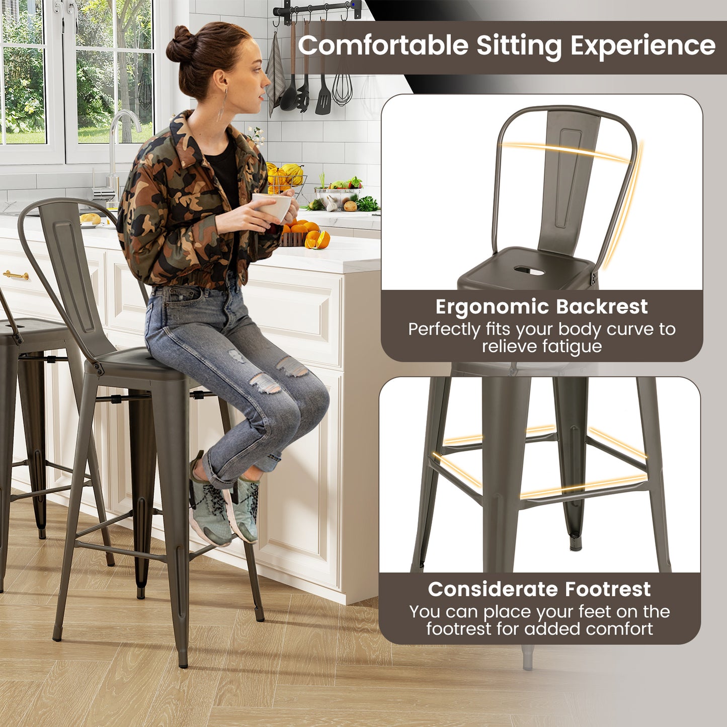 Set of 4 Stackable Metal Bar Stools with Removable Backrest Bar Height Chairs - Gunmetal
