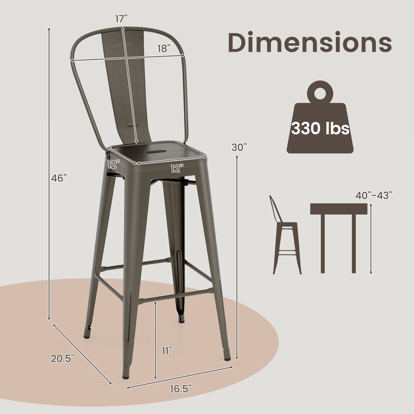 Set of 4 Stackable Metal Bar Stools with Removable Backrest Bar Height Chairs - Gunmetal