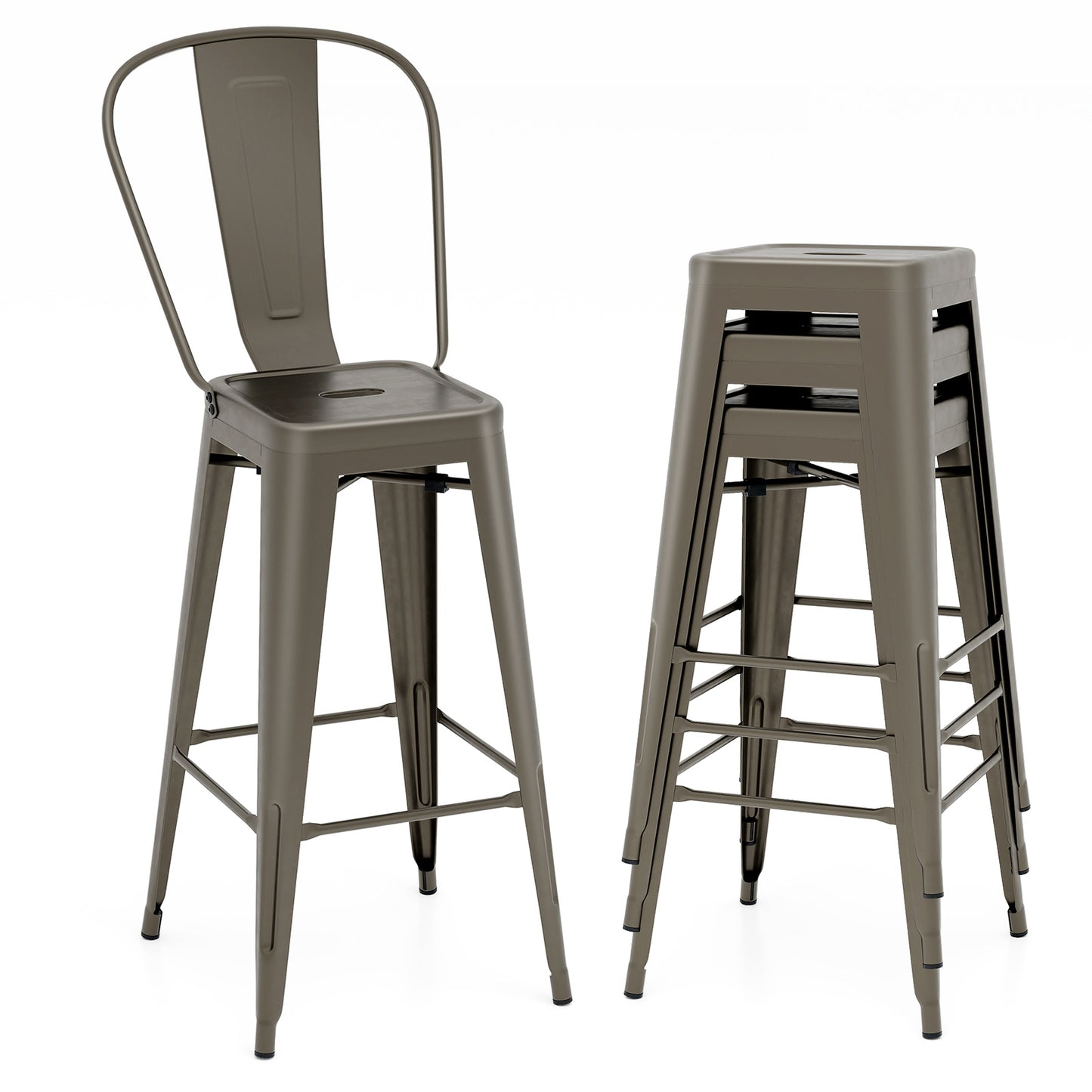 Set of 4 Stackable Metal Bar Stools with Removable Backrest Bar Height Chairs - Gunmetal