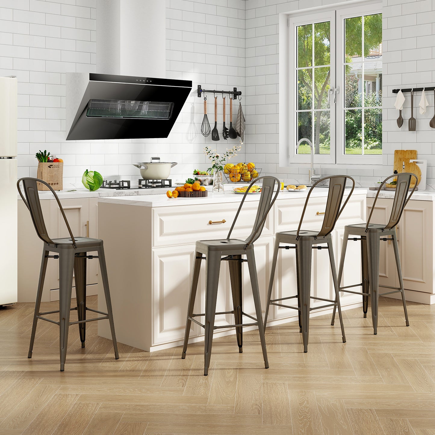 Set of 4 Stackable Metal Bar Stools with Removable Backrest Bar Height Chairs - Gunmetal