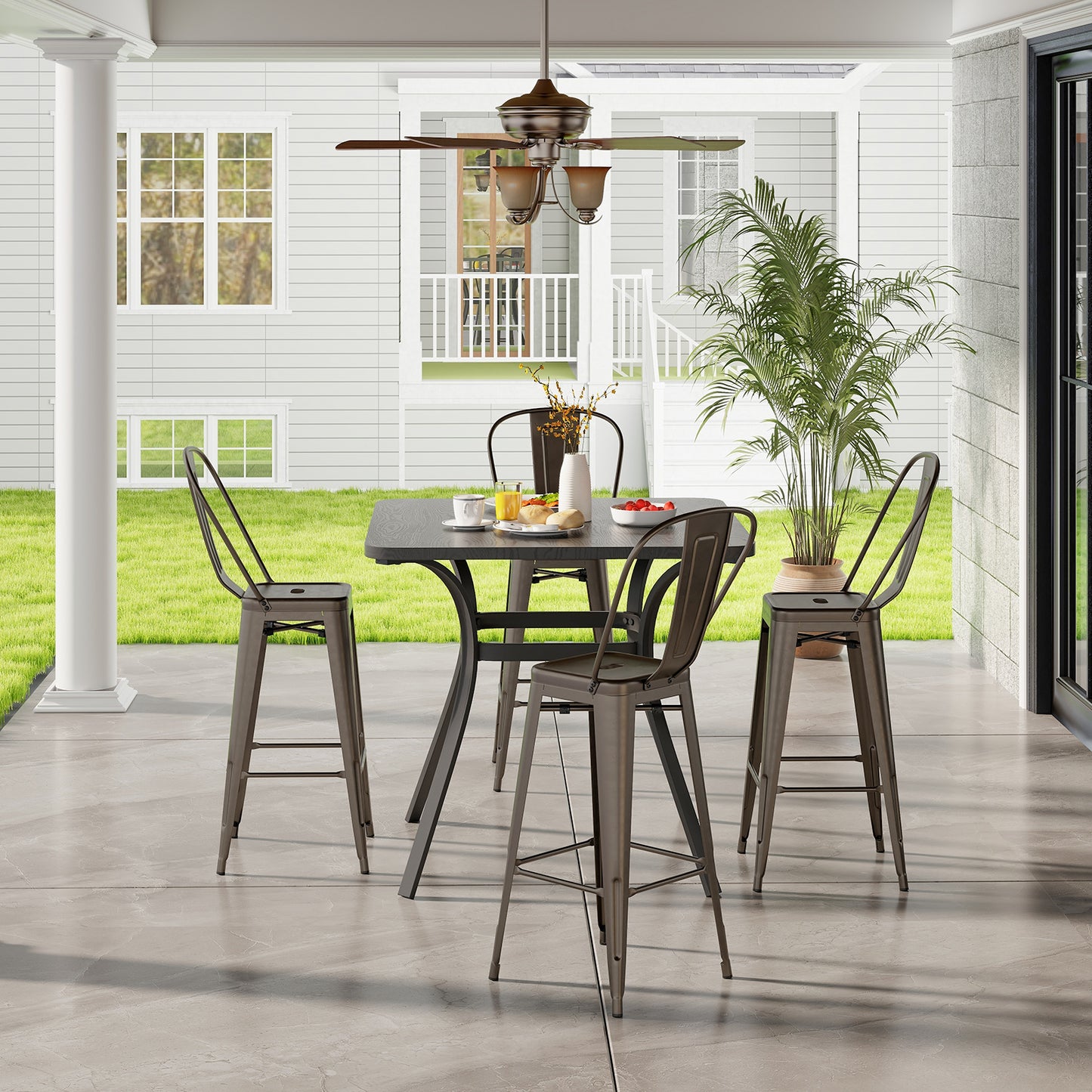 Set of 4 Stackable Metal Bar Stools with Removable Backrest Bar Height Chairs - Gunmetal