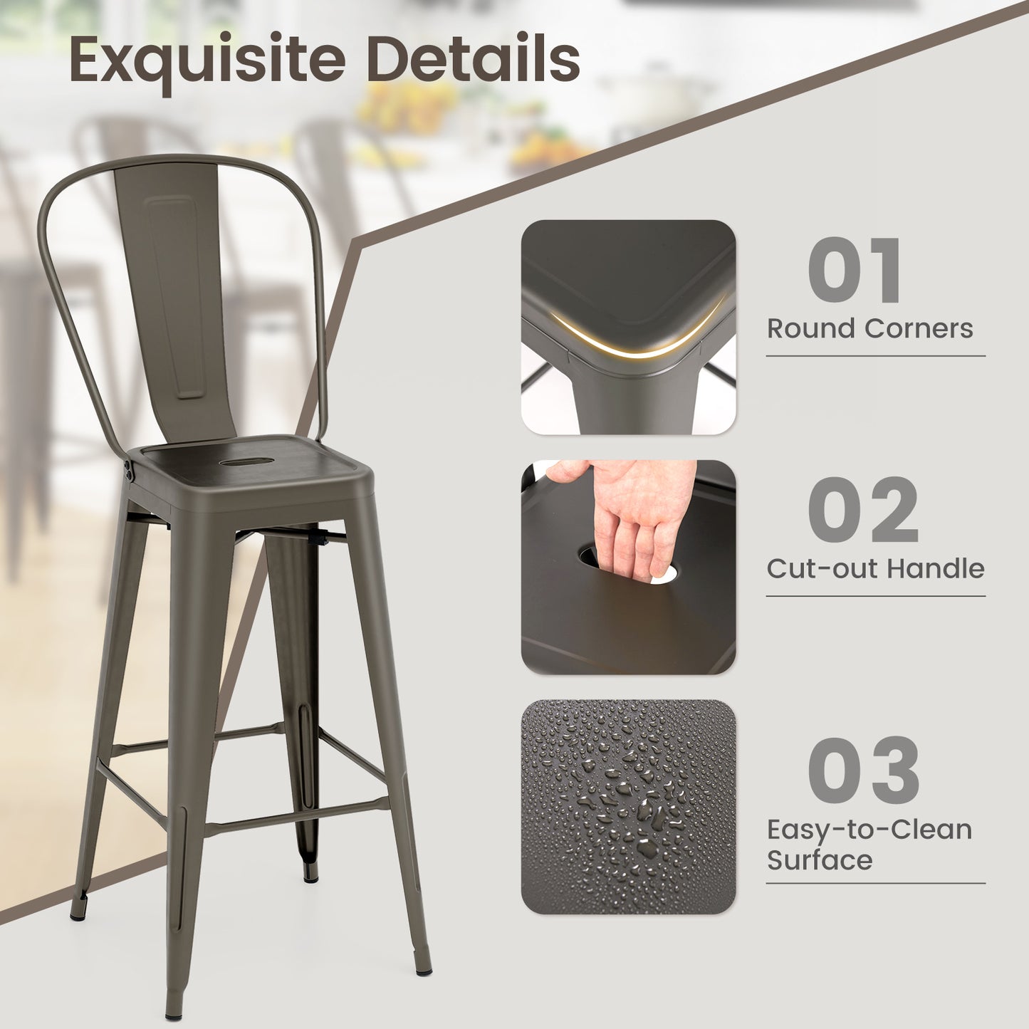 Set of 4 Stackable Metal Bar Stools with Removable Backrest Bar Height Chairs - Gunmetal