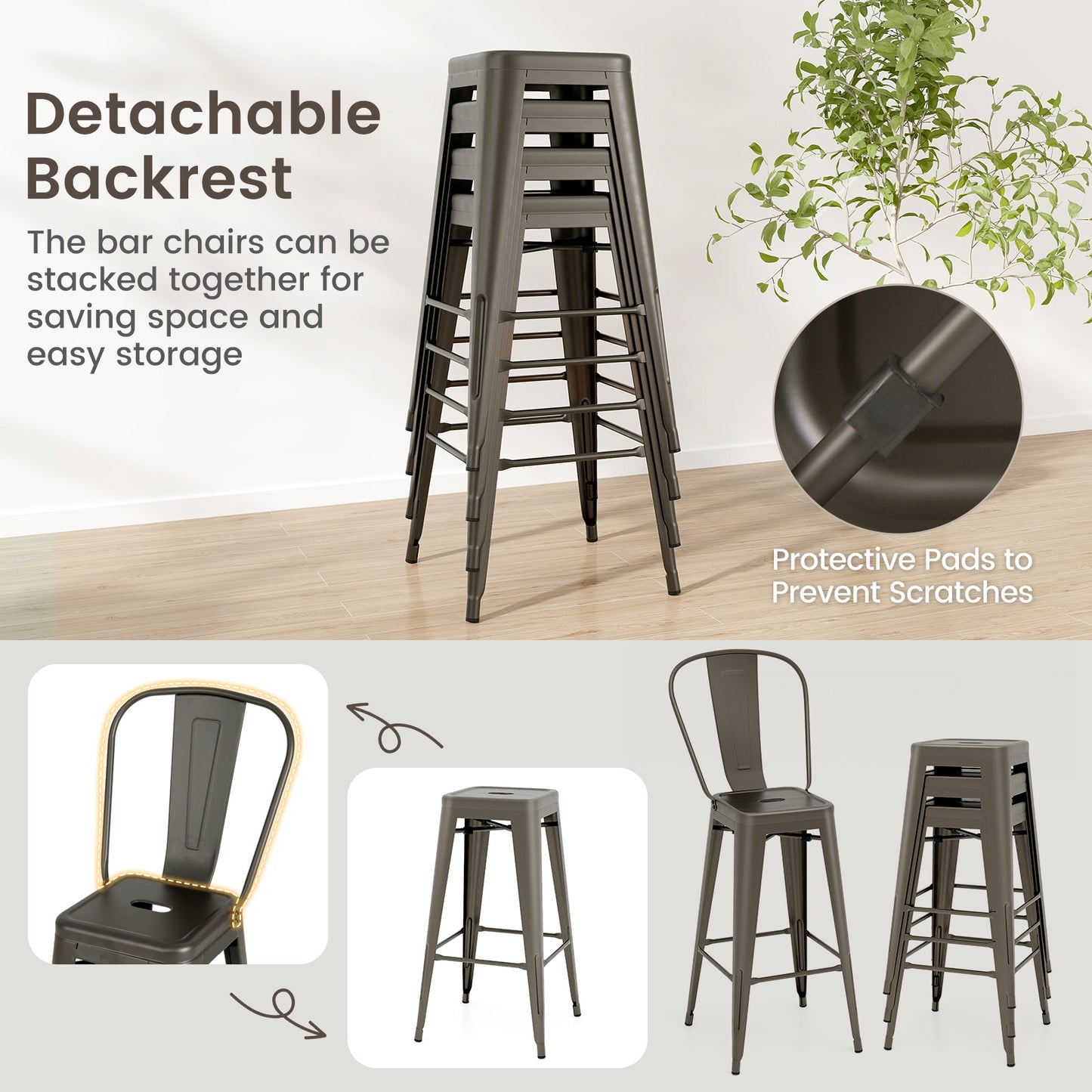 Set of 4 Stackable Metal Bar Stools with Removable Backrest Bar Height Chairs - Gunmetal
