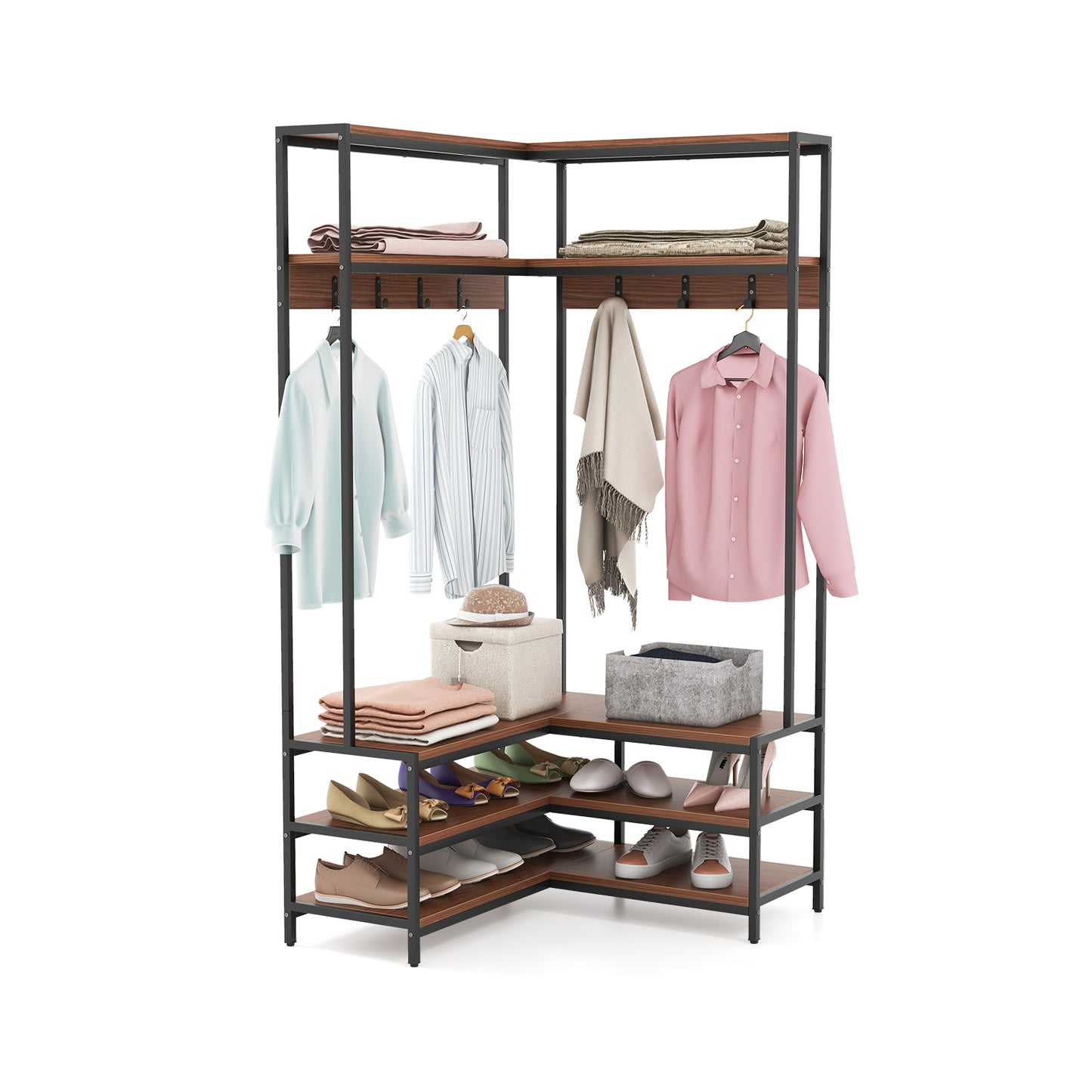Corner Coat Rack with Open Shelves, 7 Hooks & Shoe Bench - Walnut Storage Organizer