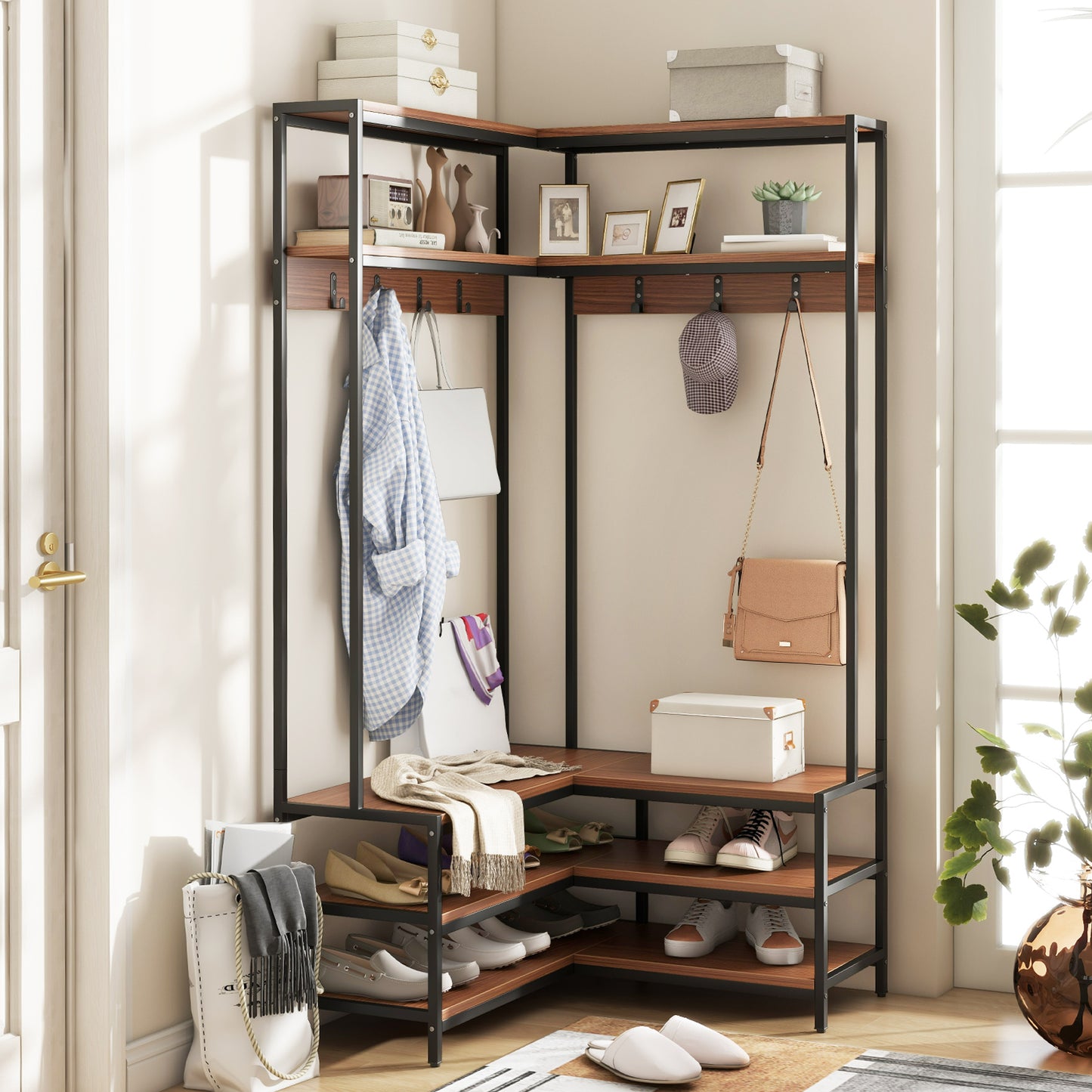 Corner Coat Rack with Open Shelves, 7 Hooks & Shoe Bench - Walnut Storage Organizer
