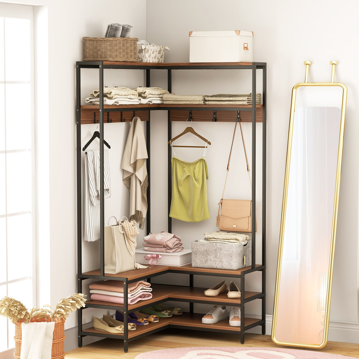 Corner Coat Rack with Open Shelves, 7 Hooks & Shoe Bench - Walnut Storage Organizer