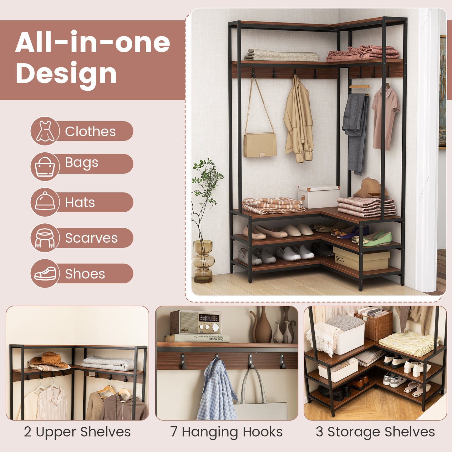 Corner Coat Rack with Open Shelves, 7 Hooks & Shoe Bench - Walnut Storage Organizer