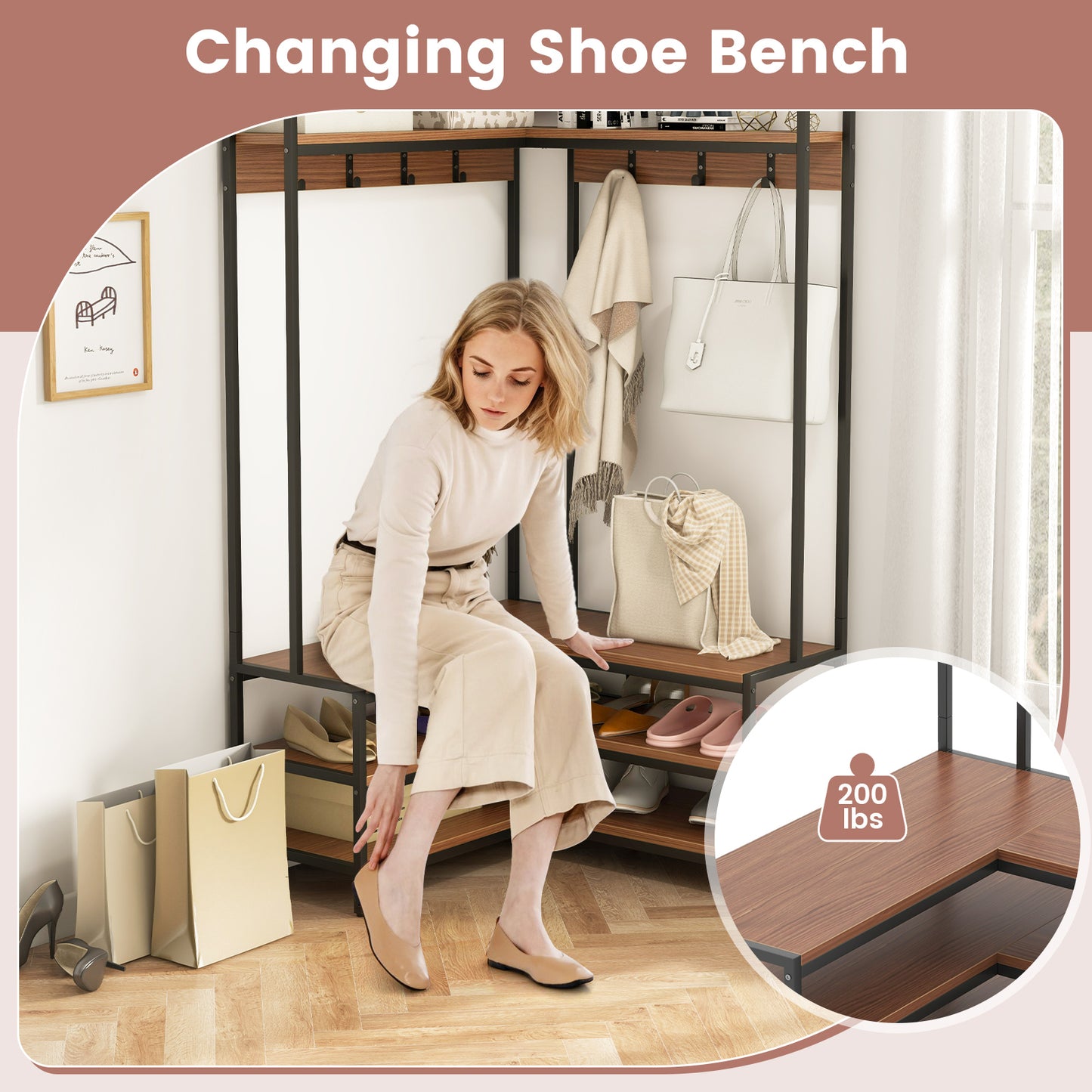 Corner Coat Rack with Open Shelves, 7 Hooks & Shoe Bench - Walnut Storage Organizer