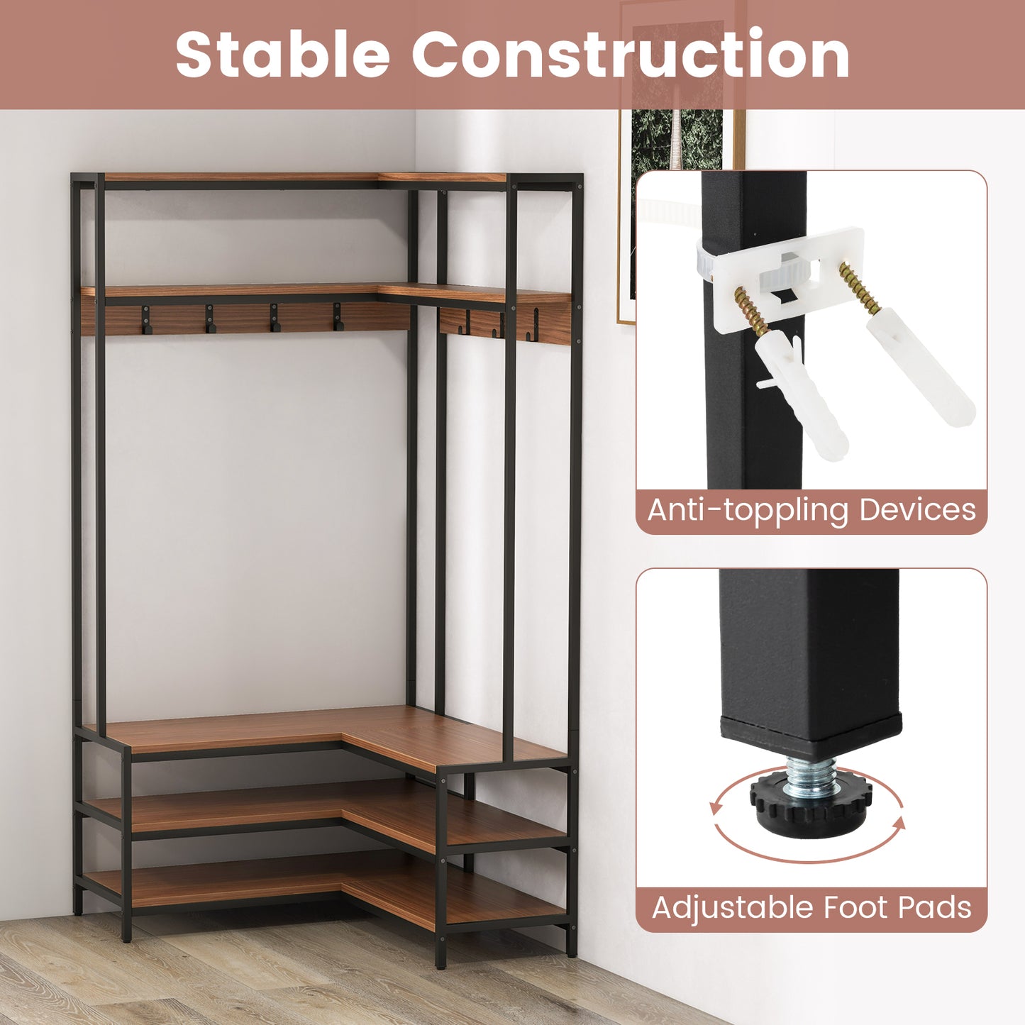 Corner Coat Rack with Open Shelves, 7 Hooks & Shoe Bench - Walnut Storage Organizer