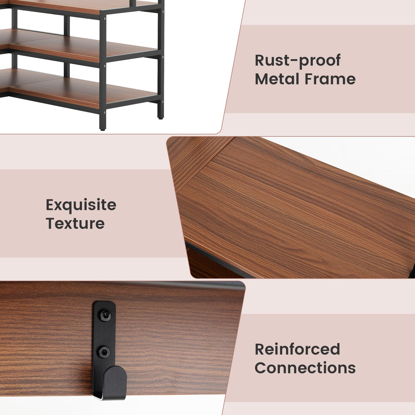 Corner Coat Rack with Open Shelves, 7 Hooks & Shoe Bench - Walnut Storage Organizer