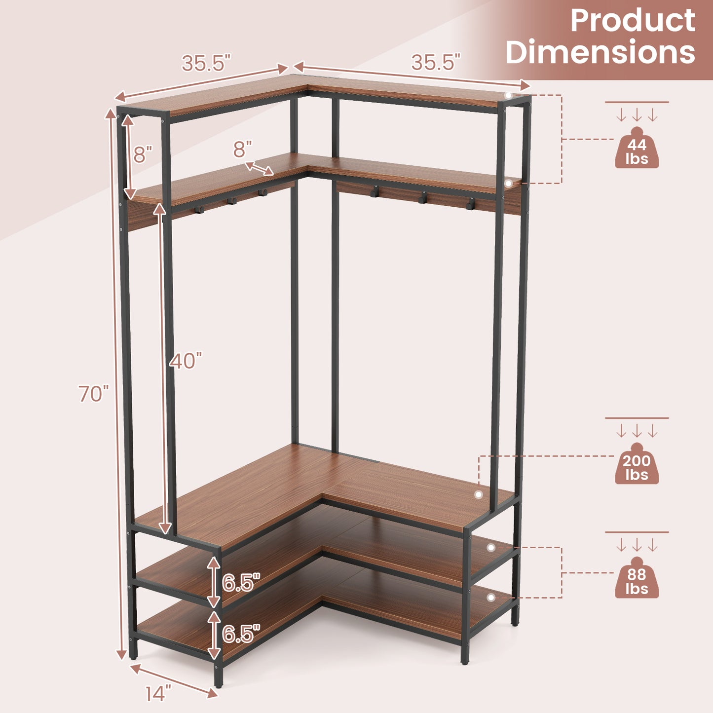 Corner Coat Rack with Open Shelves, 7 Hooks & Shoe Bench - Walnut Storage Organizer