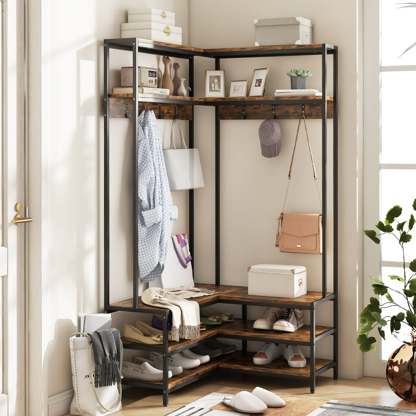 Corner Coat Rack with Open Shelves, 7 Hooks & Shoe Bench - Rustic Brown Storage Organizer