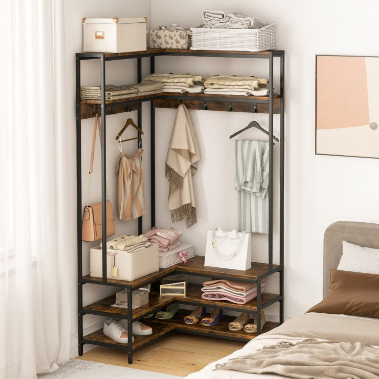 Corner Coat Rack with Open Shelves, 7 Hooks & Shoe Bench - Rustic Brown Storage Organizer