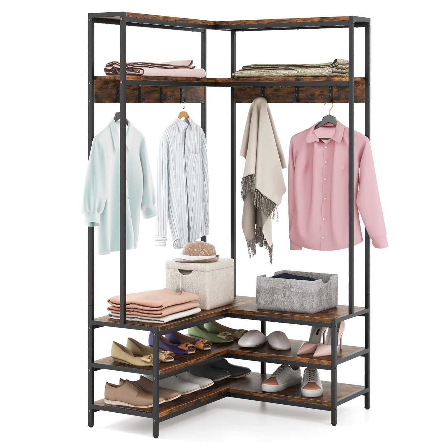 Corner Coat Rack with Open Shelves, 7 Hooks & Shoe Bench - Rustic Brown Storage Organizer