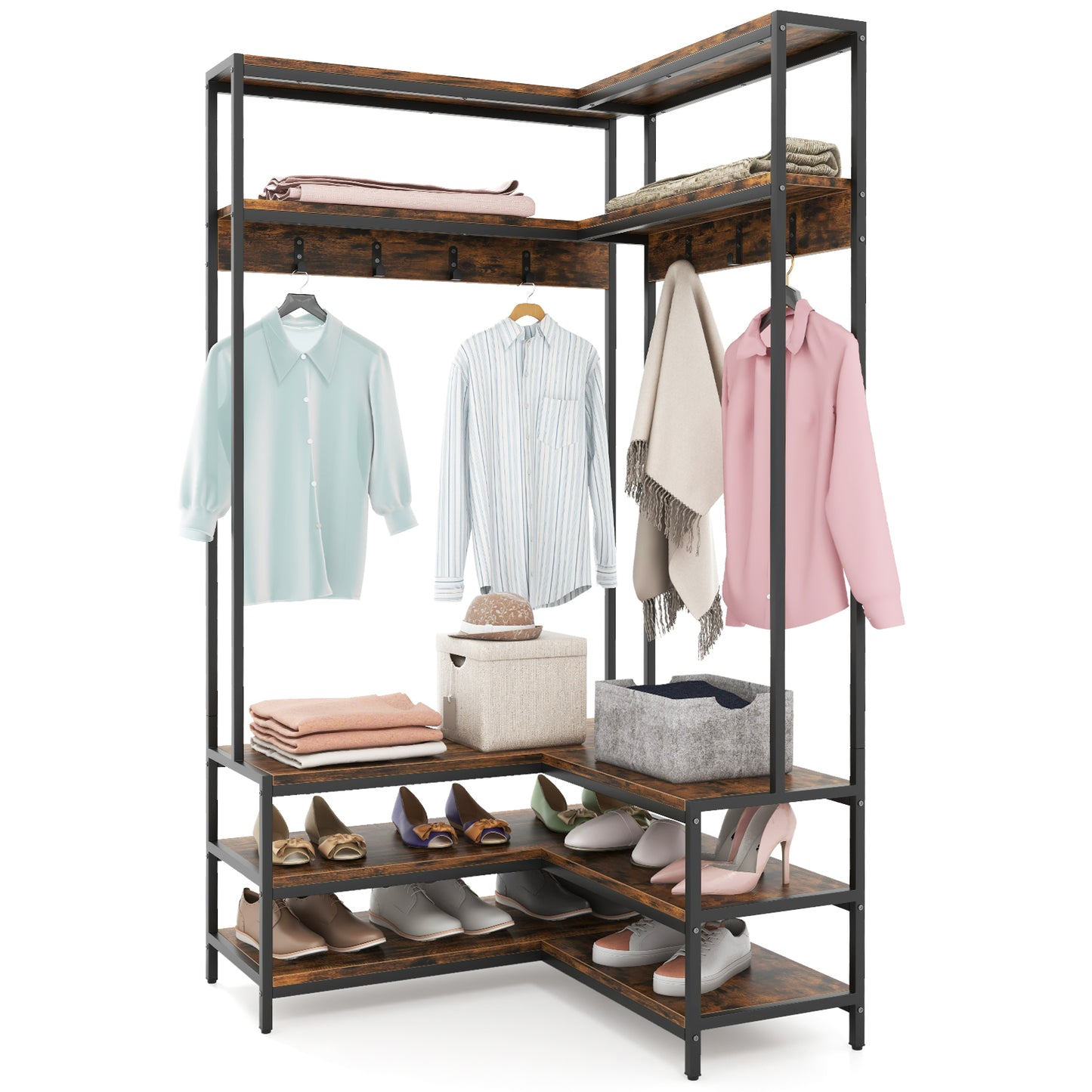 Corner Coat Rack with Open Shelves, 7 Hooks & Shoe Bench - Rustic Brown Storage Organizer