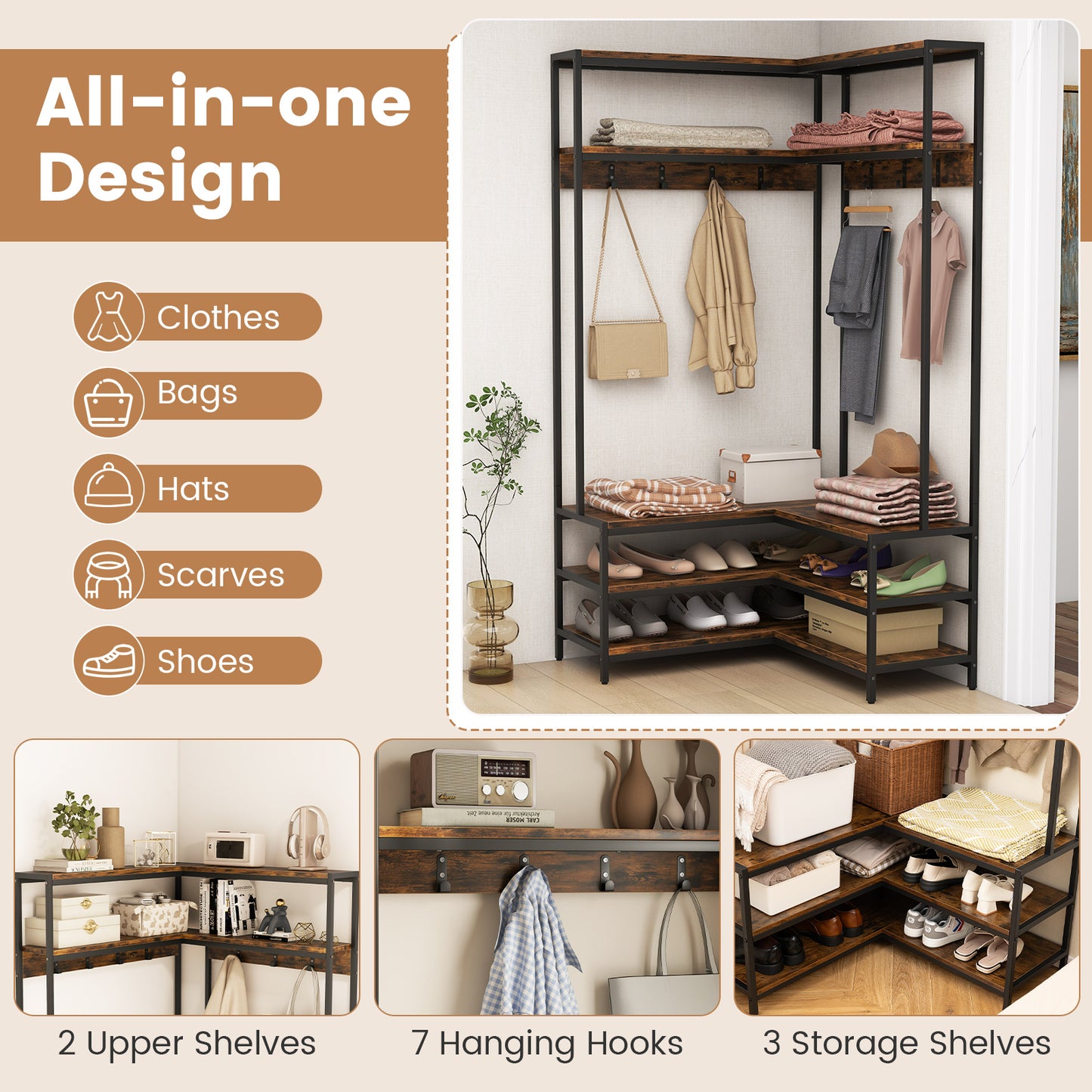 Corner Coat Rack with Open Shelves, 7 Hooks & Shoe Bench - Rustic Brown Storage Organizer