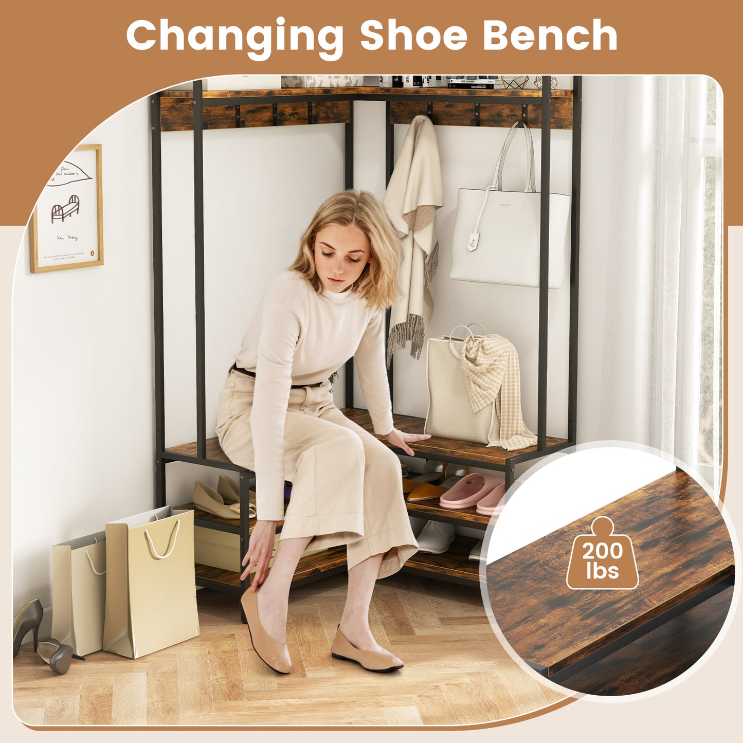 Corner Coat Rack with Open Shelves, 7 Hooks & Shoe Bench - Rustic Brown Storage Organizer