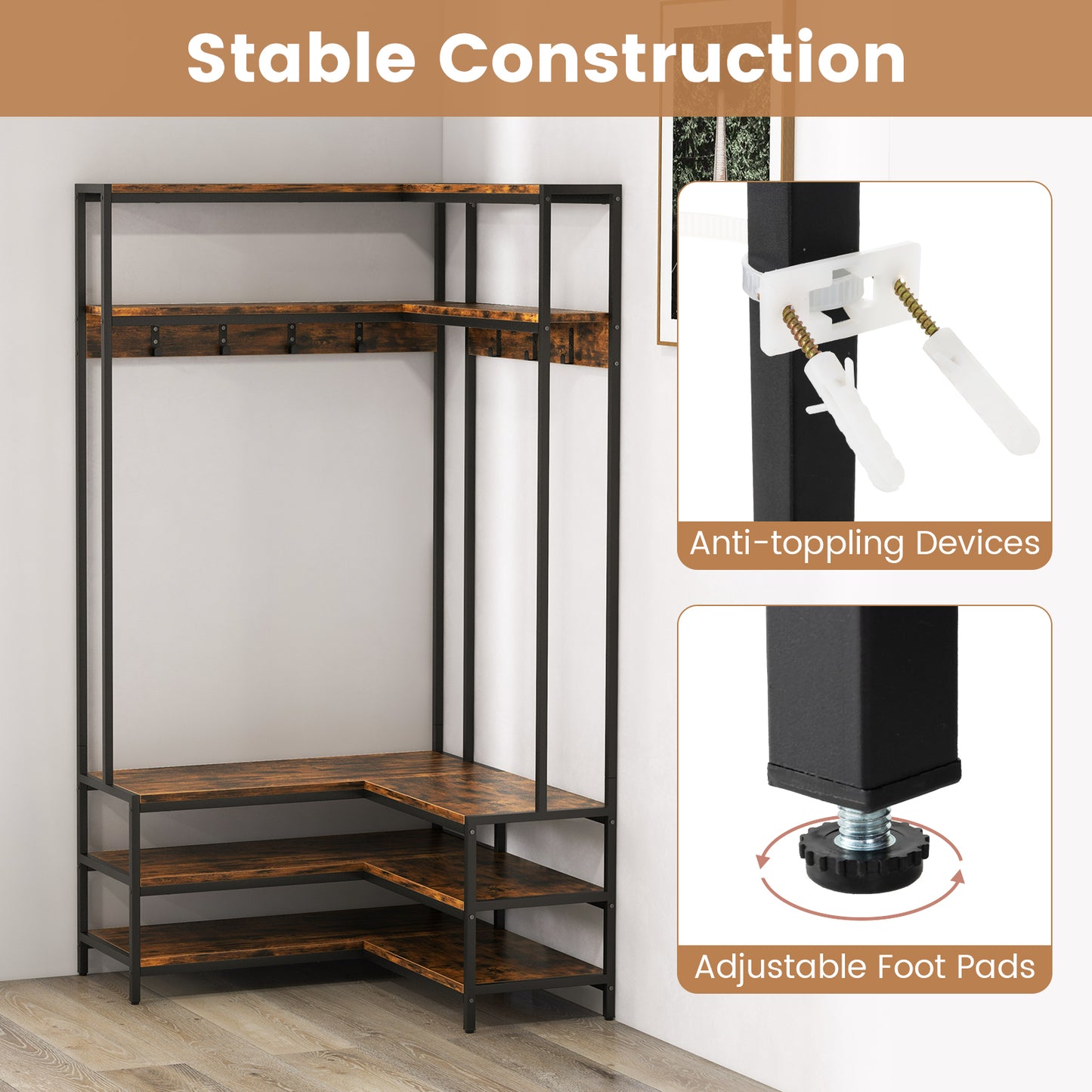 Corner Coat Rack with Open Shelves, 7 Hooks & Shoe Bench - Rustic Brown Storage Organizer
