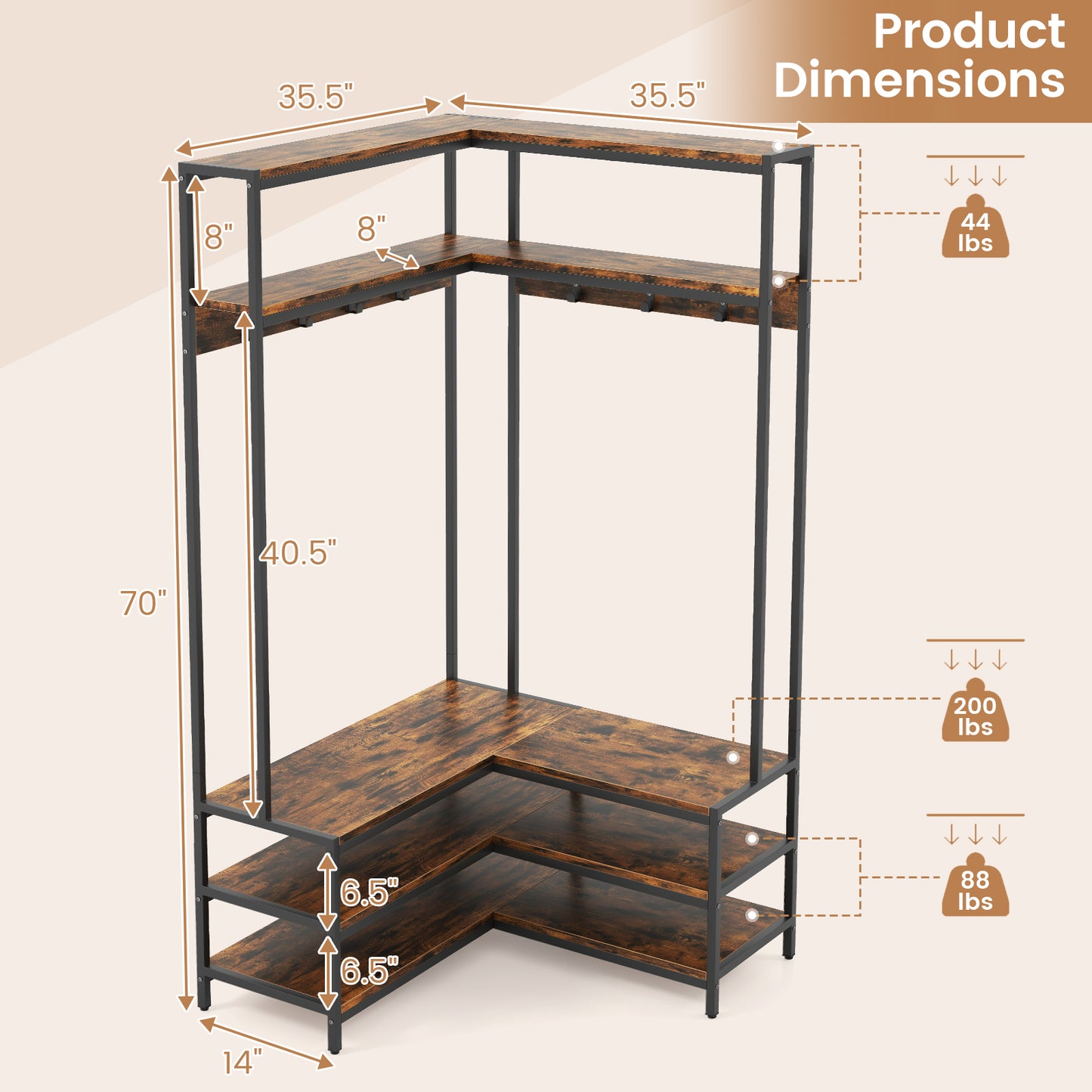 Corner Coat Rack with Open Shelves, 7 Hooks & Shoe Bench - Rustic Brown Storage Organizer