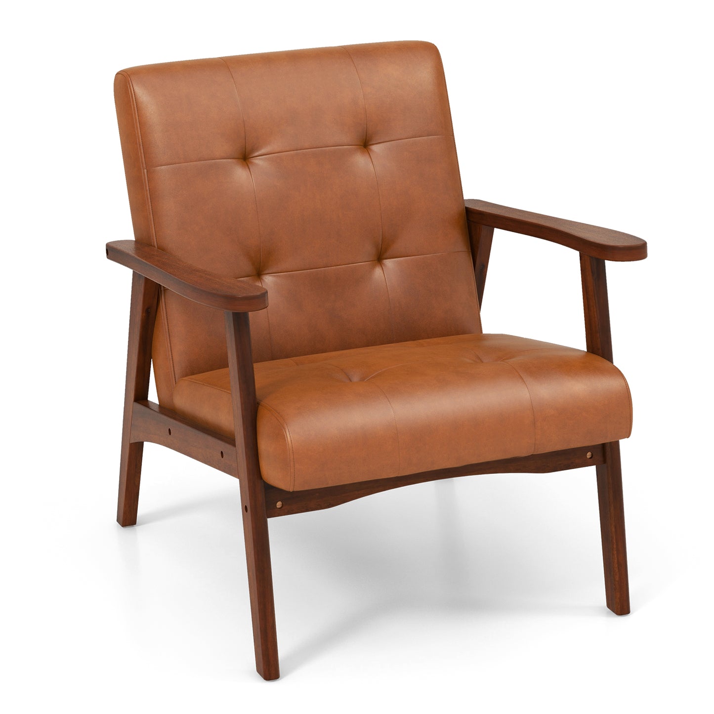 Mid Century Modern Lounge Chair with Solid Wood Frame and Tufted Seat Light Brown