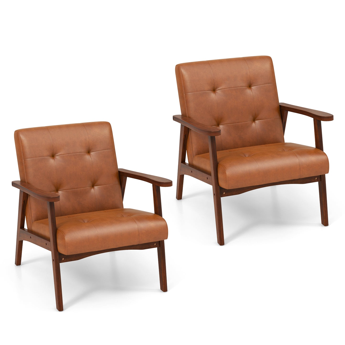 Mid Century Modern Lounge Chair with Solid Wood Frame and Tufted Seat Light Brown