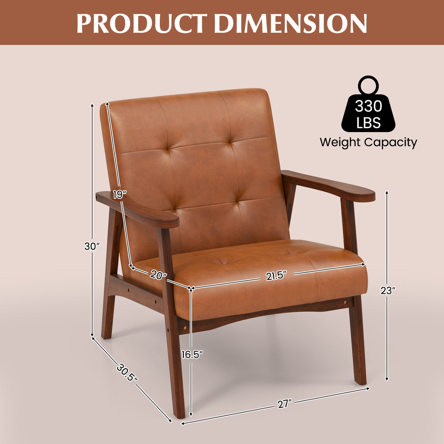 Mid Century Modern Lounge Chair with Solid Wood Frame and Tufted Seat Light Brown