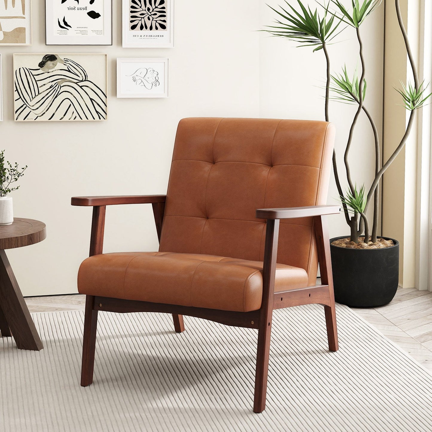 Mid Century Modern Lounge Chair with Solid Wood Frame and Tufted Seat Light Brown