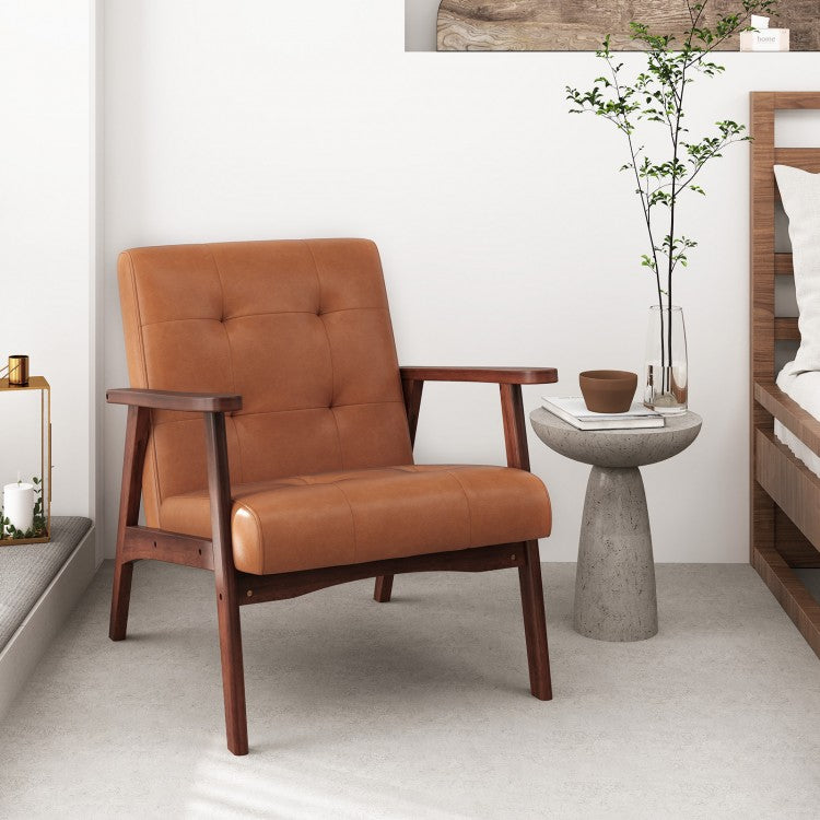 Mid Century Modern Lounge Chair with Solid Wood Frame and Tufted Seat Light Brown