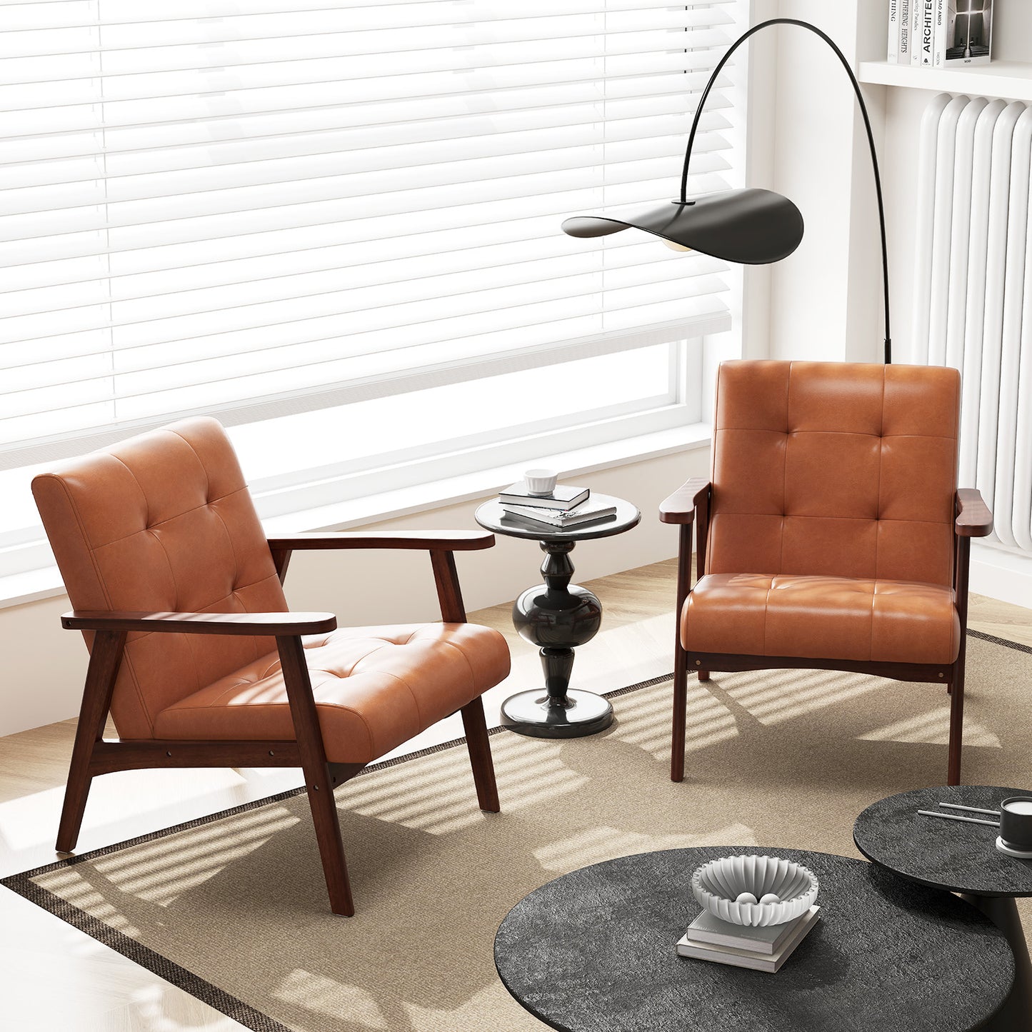 Mid Century Modern Lounge Chair with Solid Wood Frame and Tufted Seat Light Brown