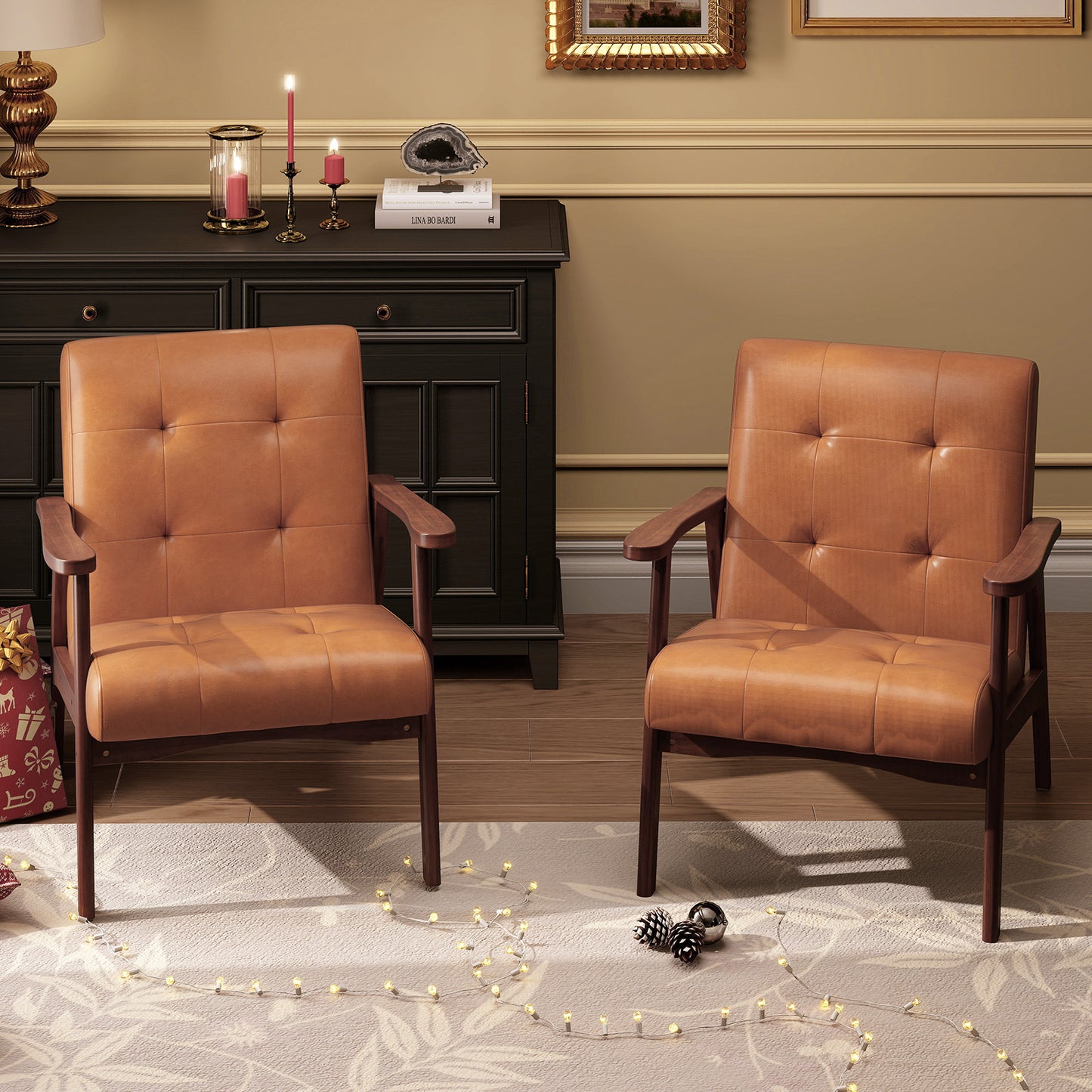 Mid Century Modern Lounge Chair with Solid Wood Frame and Tufted Seat Light Brown
