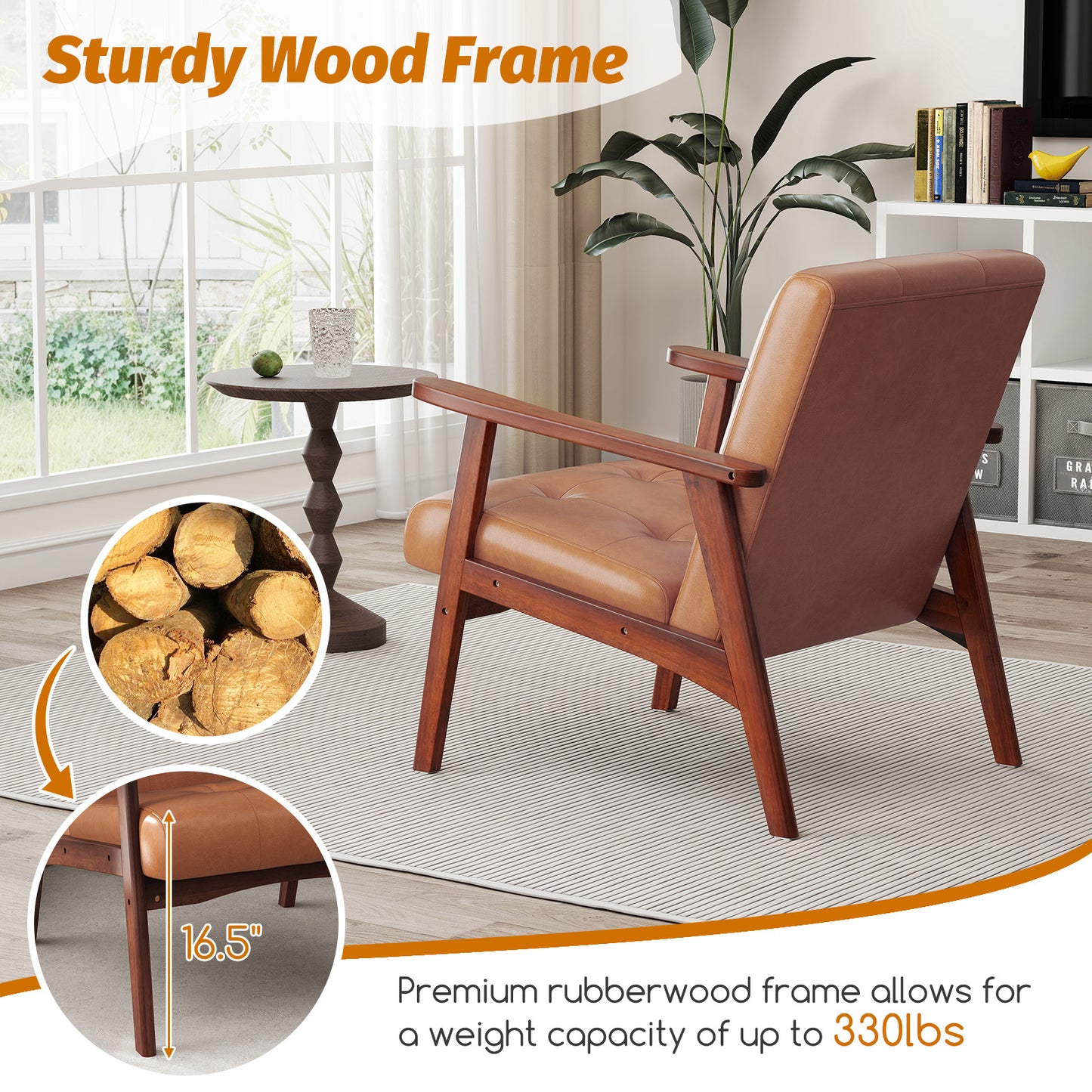 Mid Century Modern Lounge Chair with Solid Wood Frame and Tufted Seat Light Brown