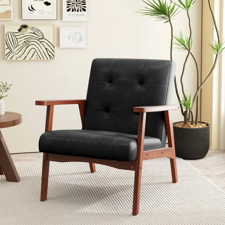 Mid Century Modern Lounge Chair with Solid Wood Frame and Tufted Seat Black