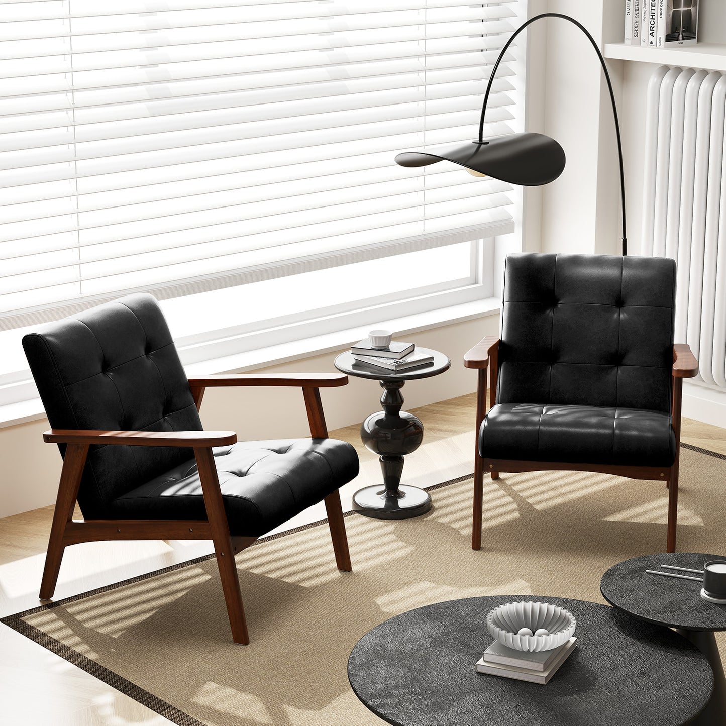 Mid Century Modern Lounge Chair with Solid Wood Frame and Tufted Seat Black