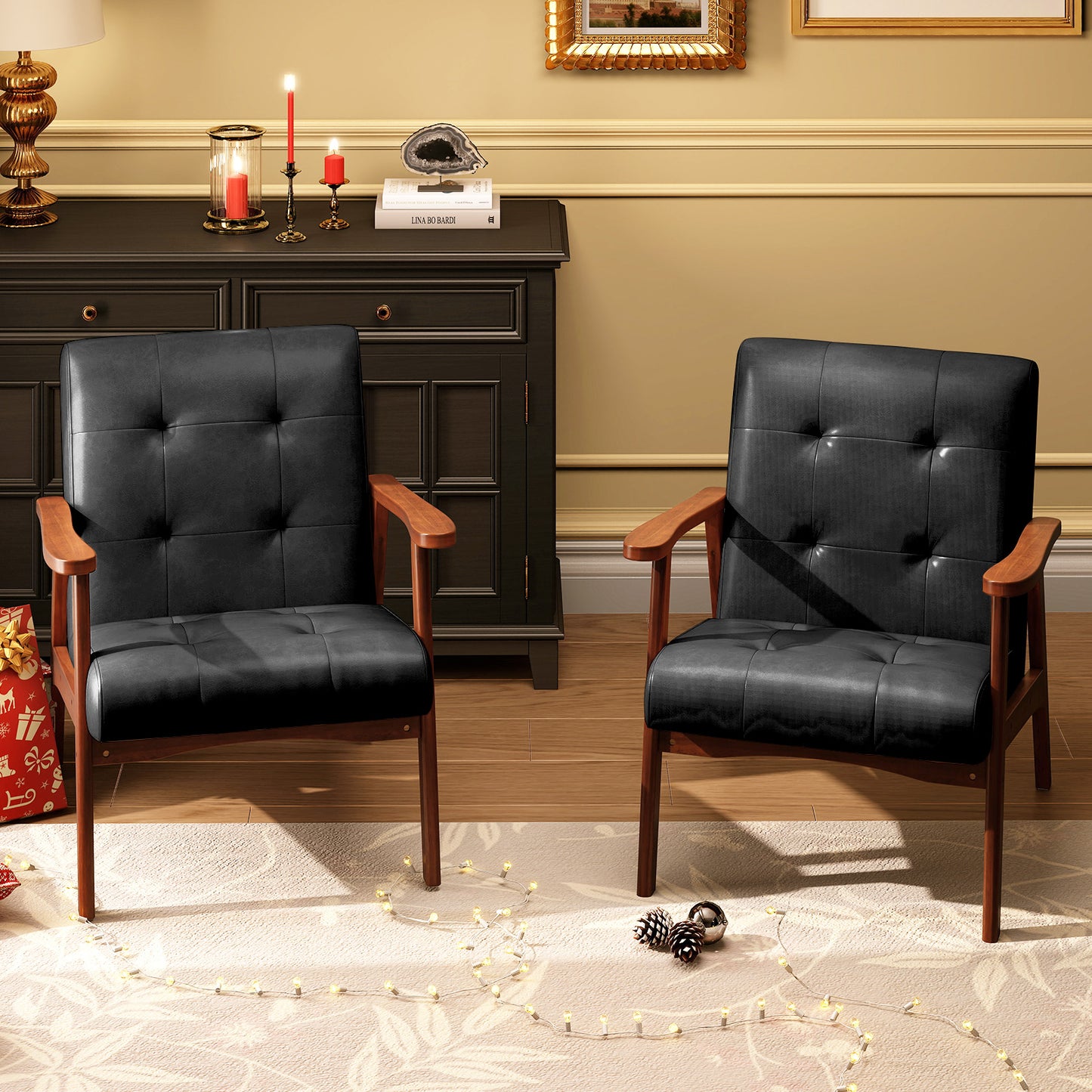 Mid Century Modern Lounge Chair with Solid Wood Frame and Tufted Seat Black