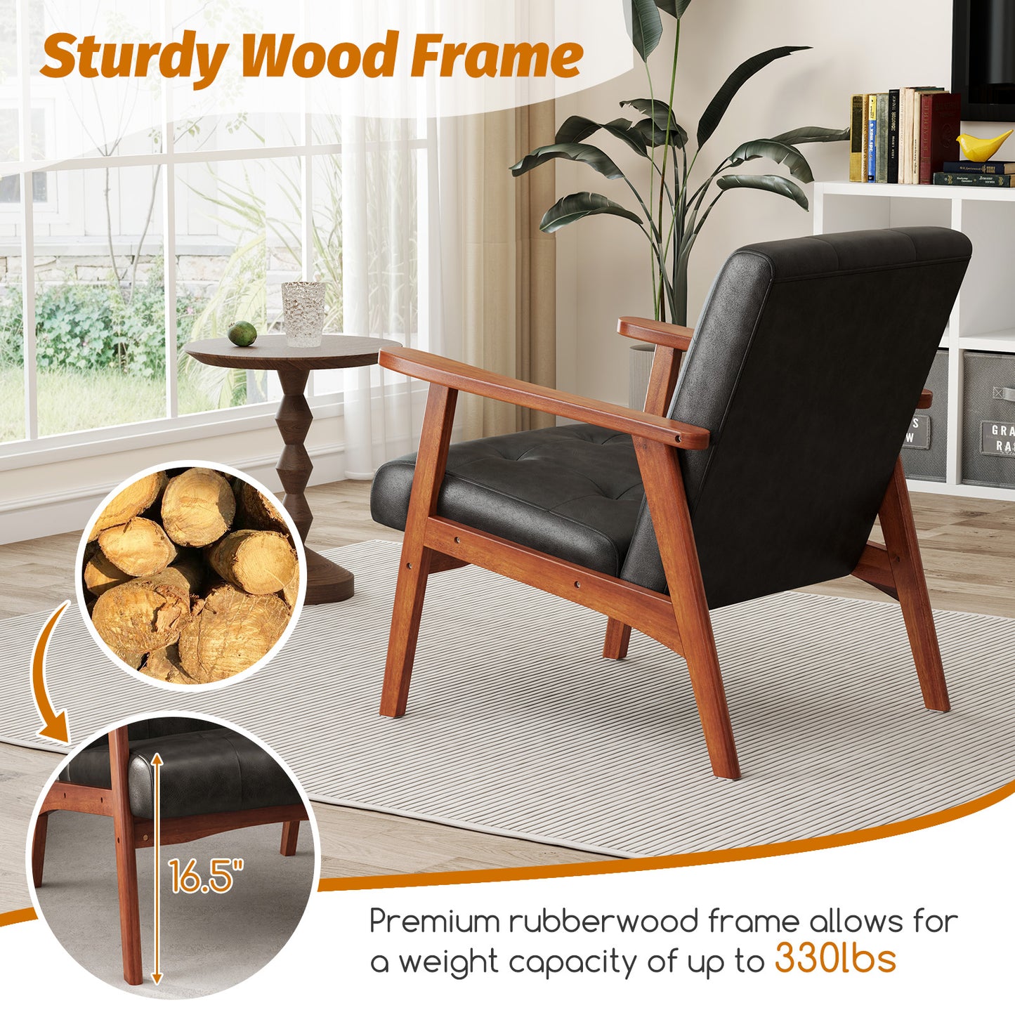 Mid Century Modern Lounge Chair with Solid Wood Frame and Tufted Seat Black