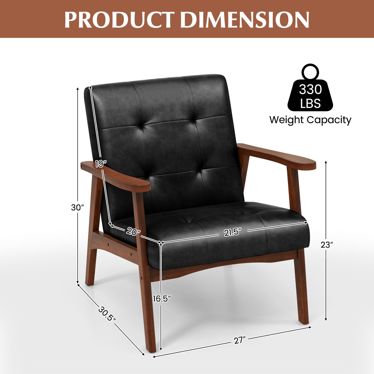 Mid Century Modern Lounge Chair with Solid Wood Frame and Tufted Seat Black