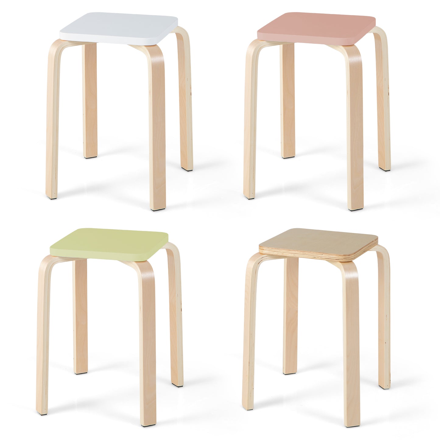 Set of 4 Stackable Colorful Square Wooden Stools with Anti-slip Pads - Multicolor