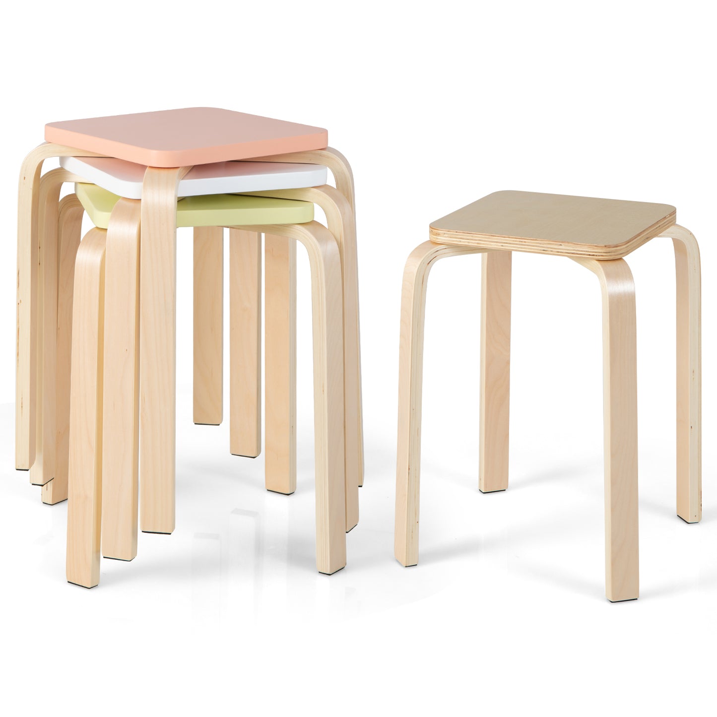 Set of 4 Stackable Colorful Square Wooden Stools with Anti-slip Pads - Multicolor