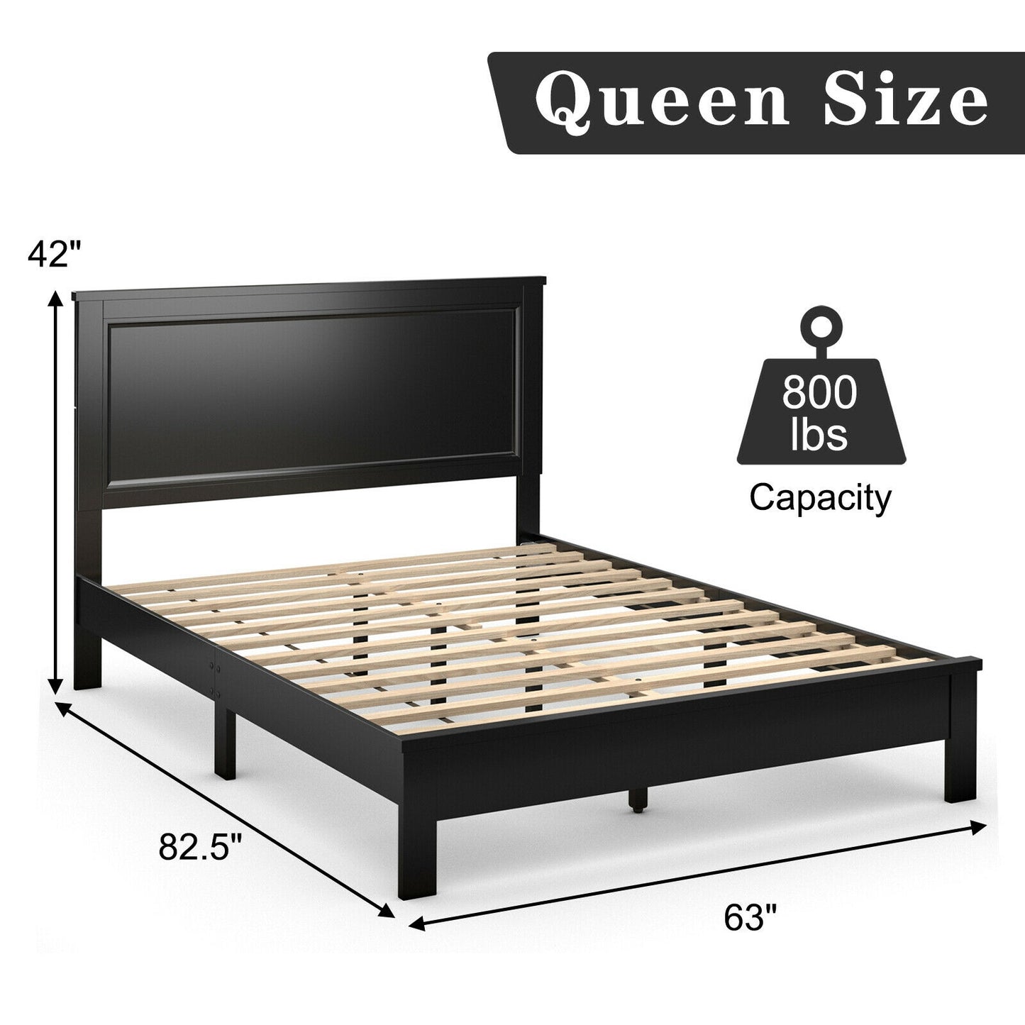Premium Queen Size Platform Bed Frame with High Headboard and Solid Rubber Wood Legs – Black